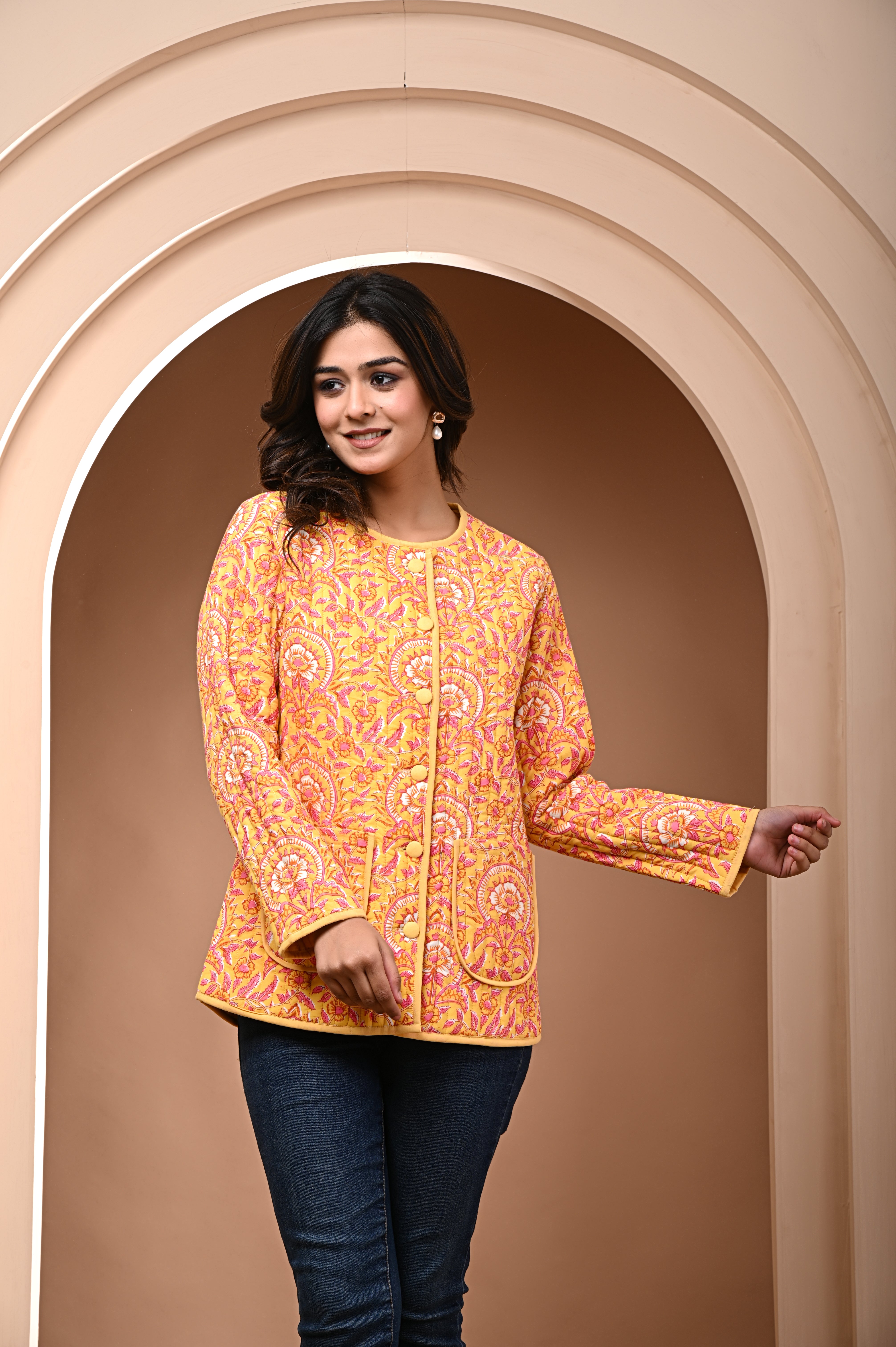 Cotton yellow bagru print sun flower quilted womens full sleves jacket