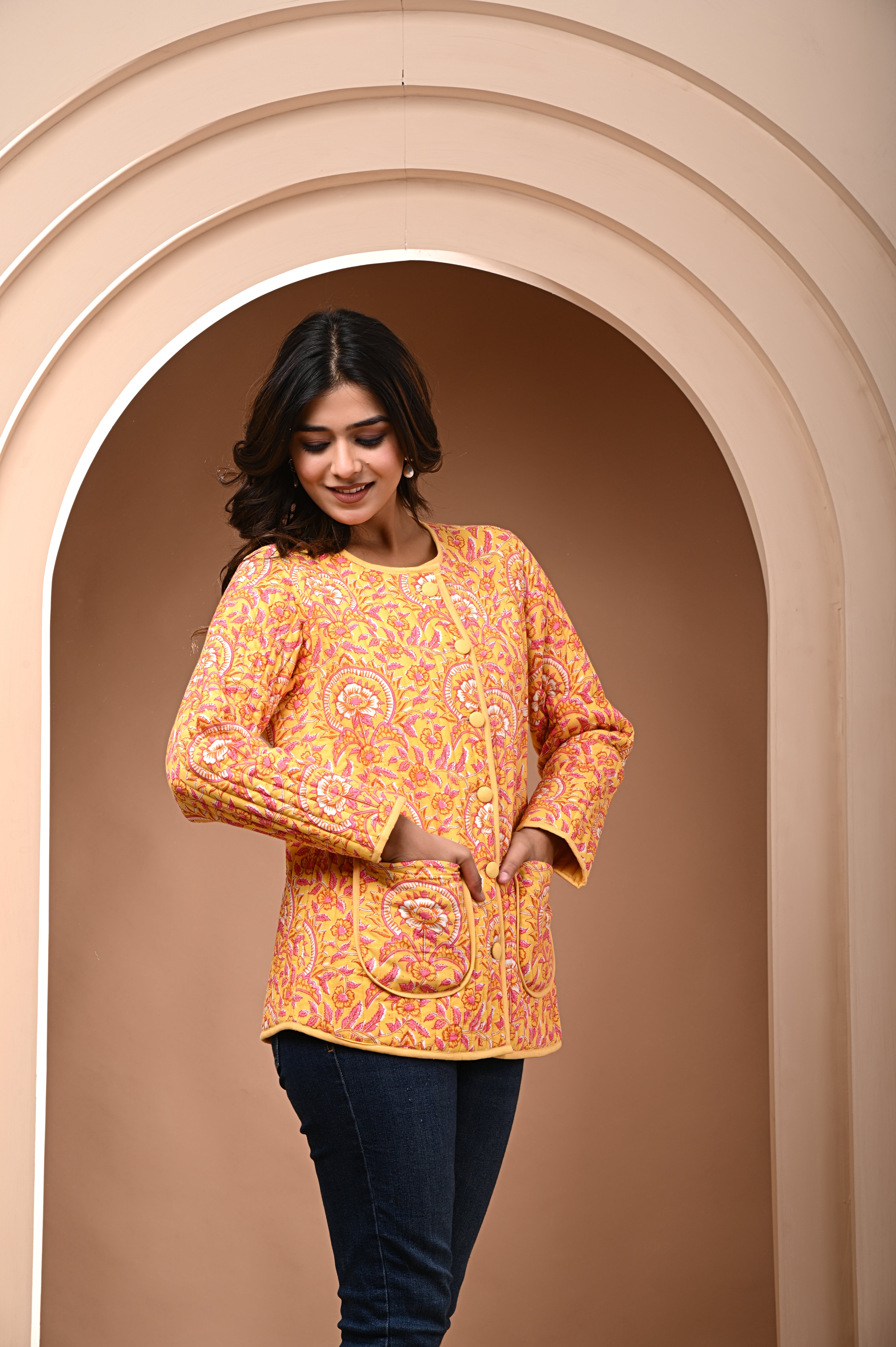 Cotton yellow bagru print sun flower quilted womens full sleves jacket