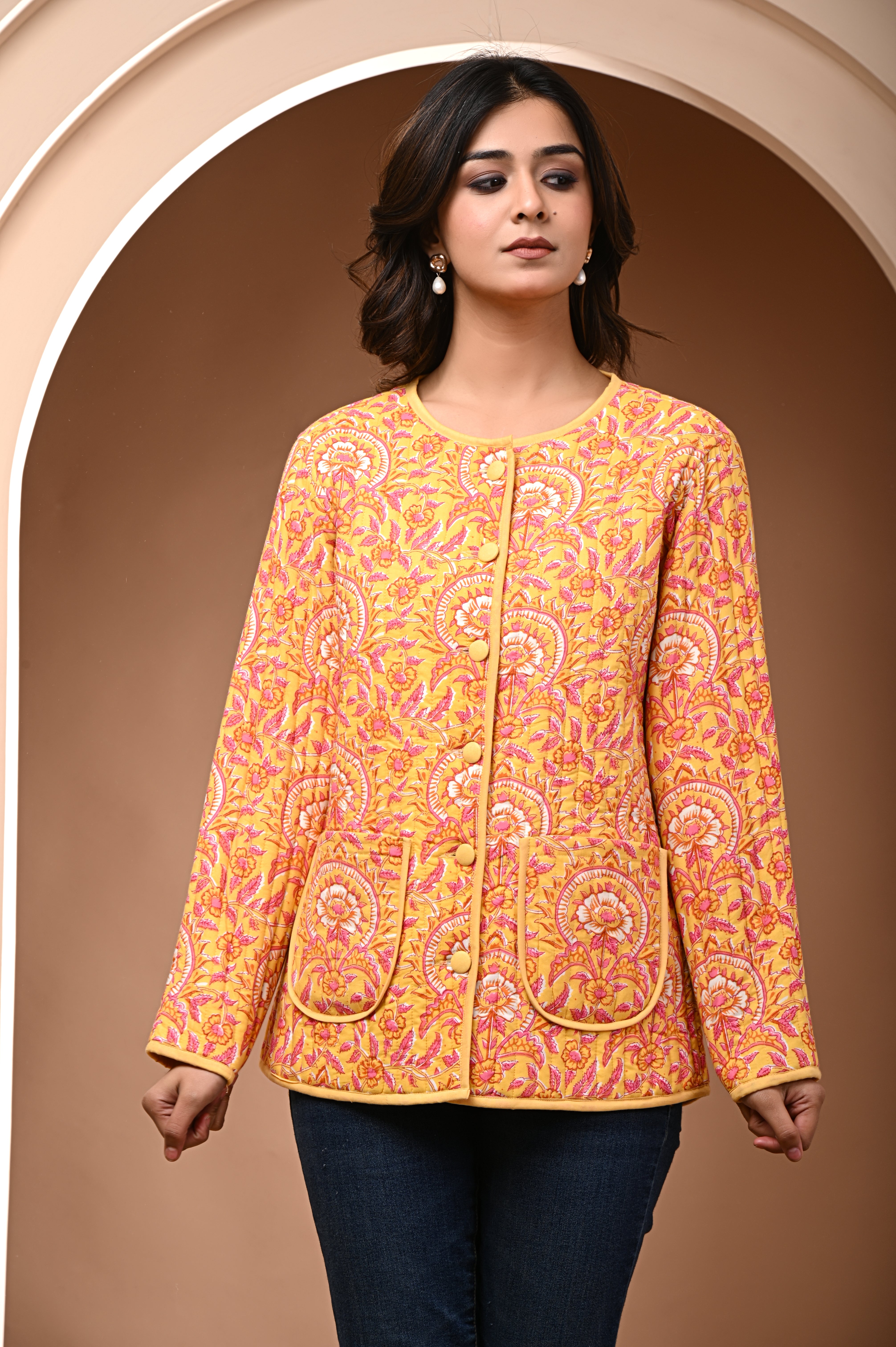 Cotton yellow bagru print sun flower quilted womens full sleves jacket