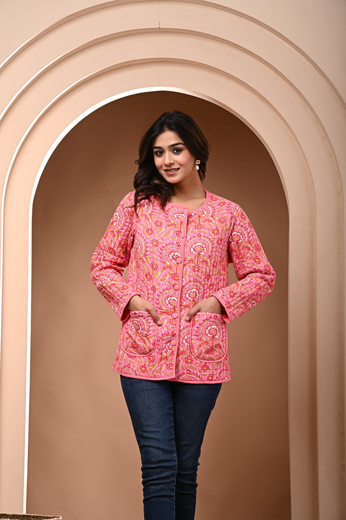 Cotton pink bagru print sun flower quilted womens full sleves jacket