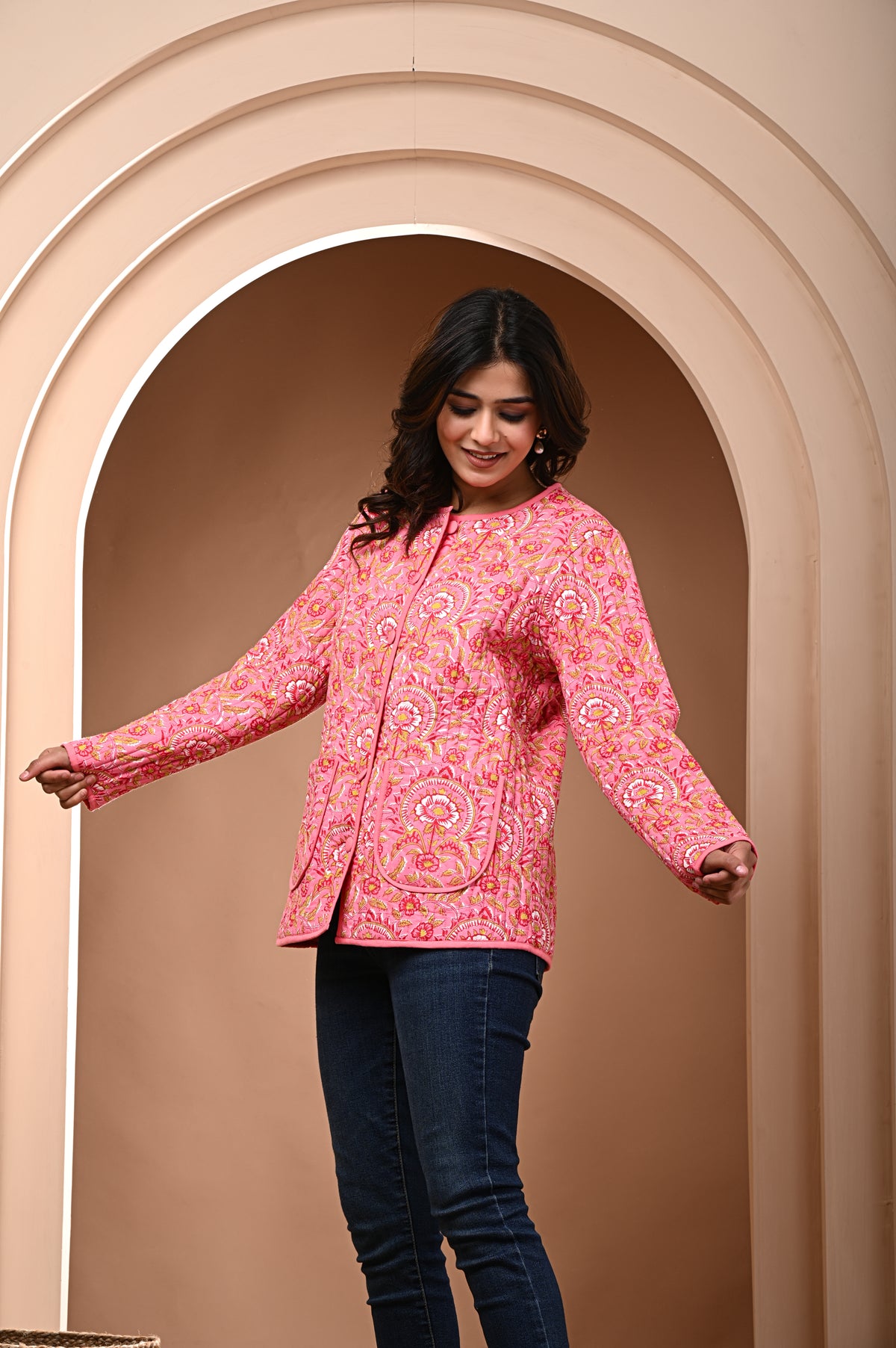 Cotton pink bagru print sun flower quilted womens full sleves jacket