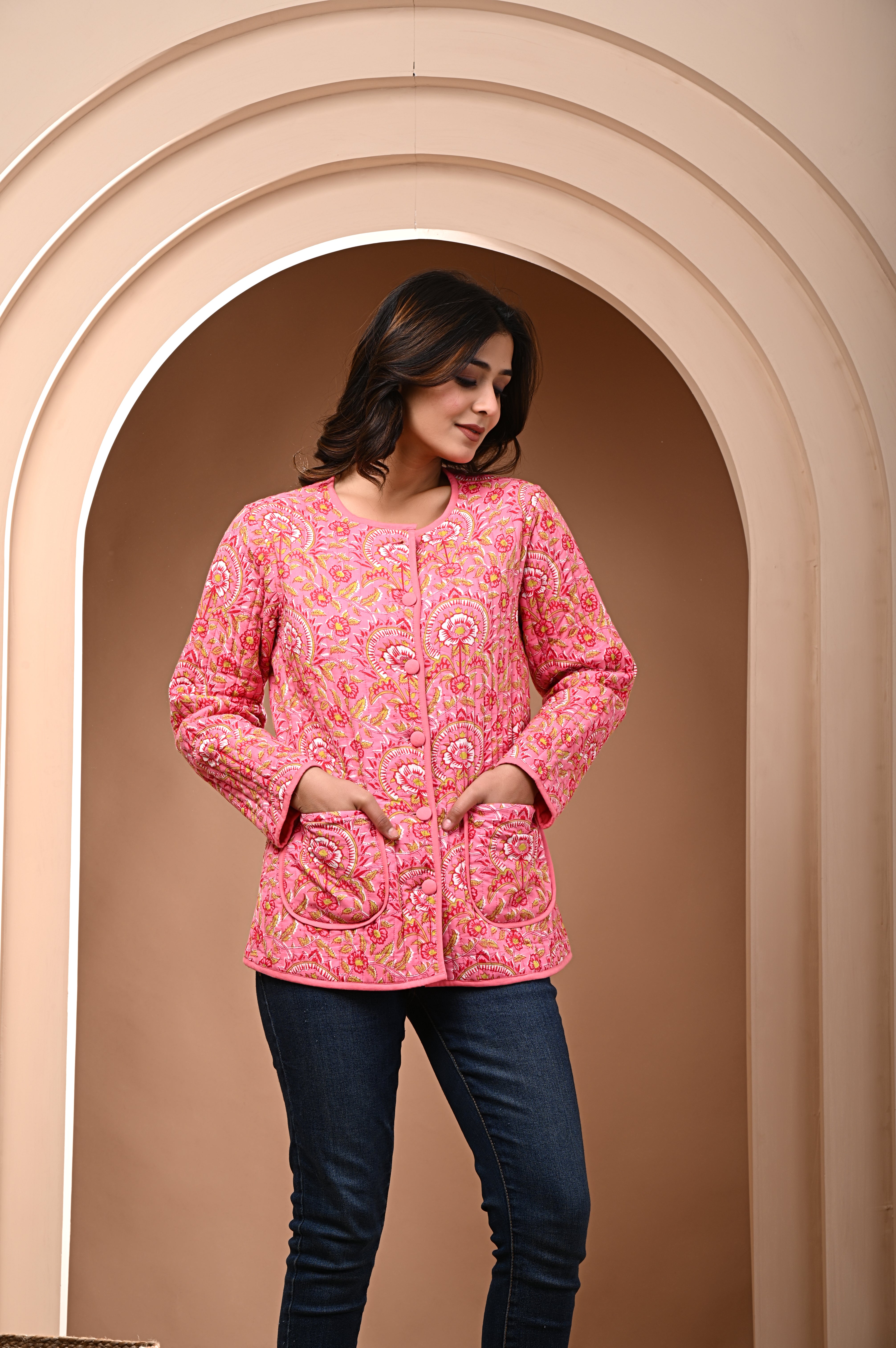 Cotton pink bagru print sun flower quilted womens full sleves jacket