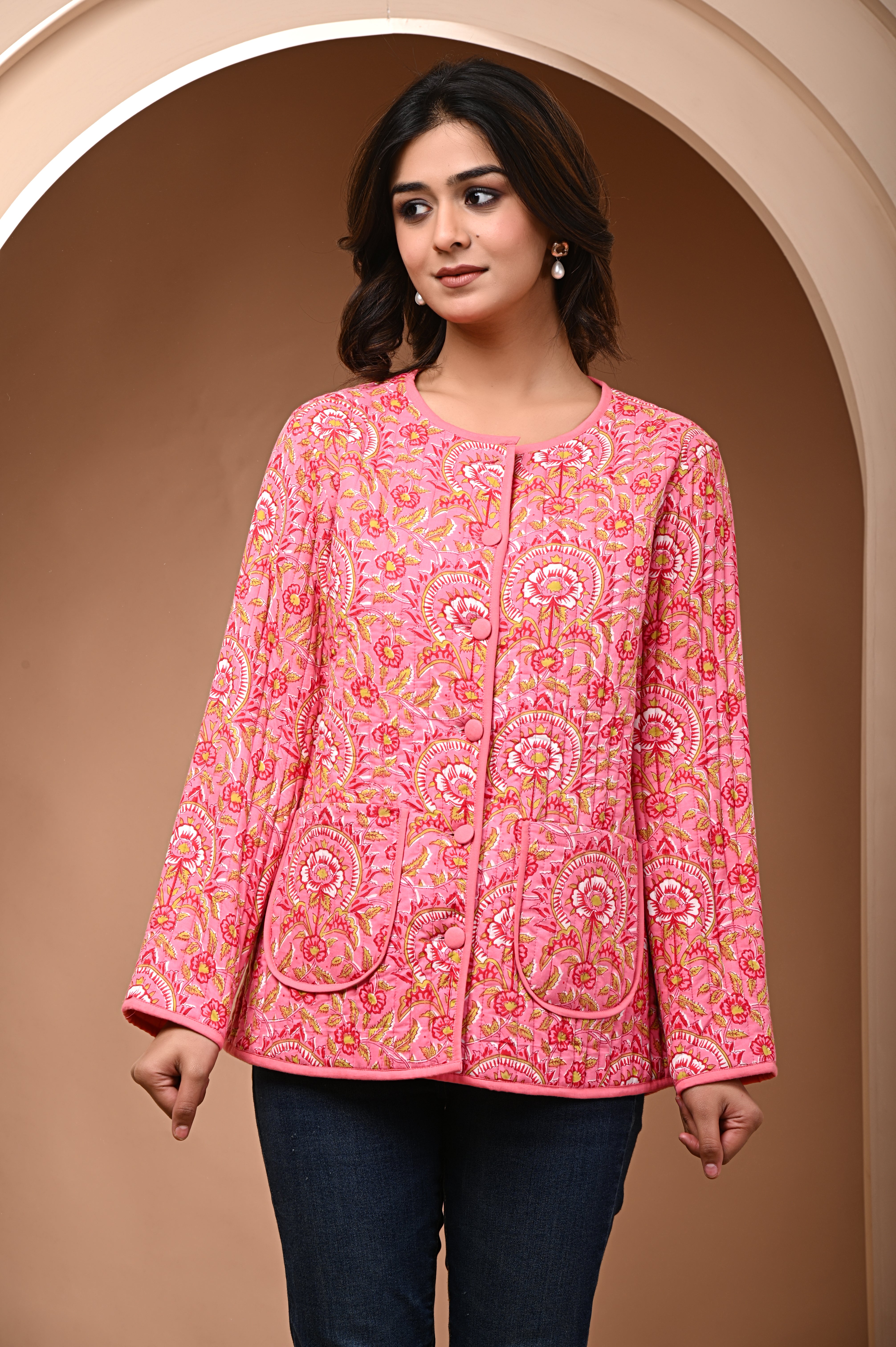 Cotton pink bagru print sun flower quilted womens full sleves jacket