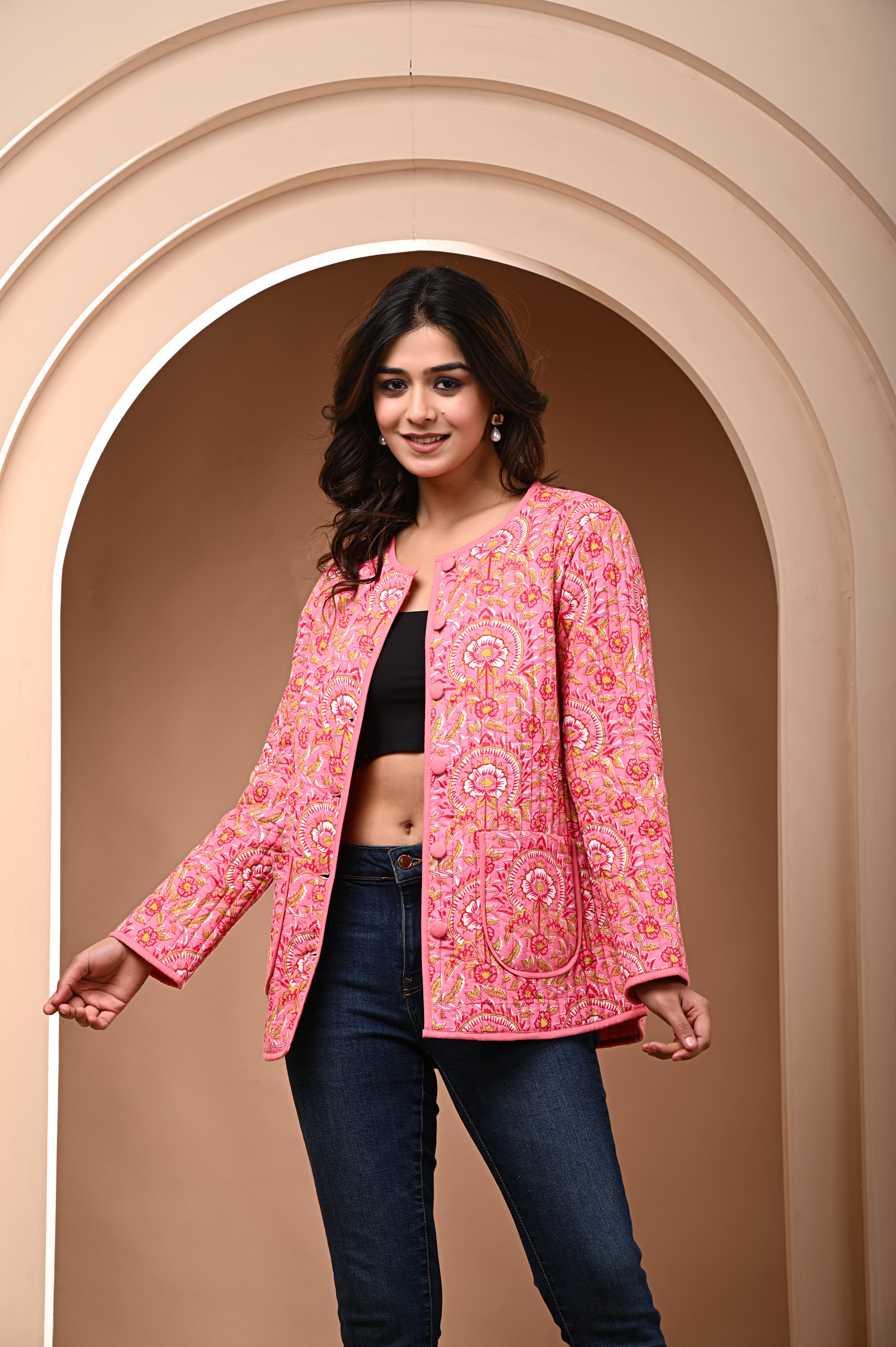 Cotton pink bagru print sun flower quilted womens full sleves jacket