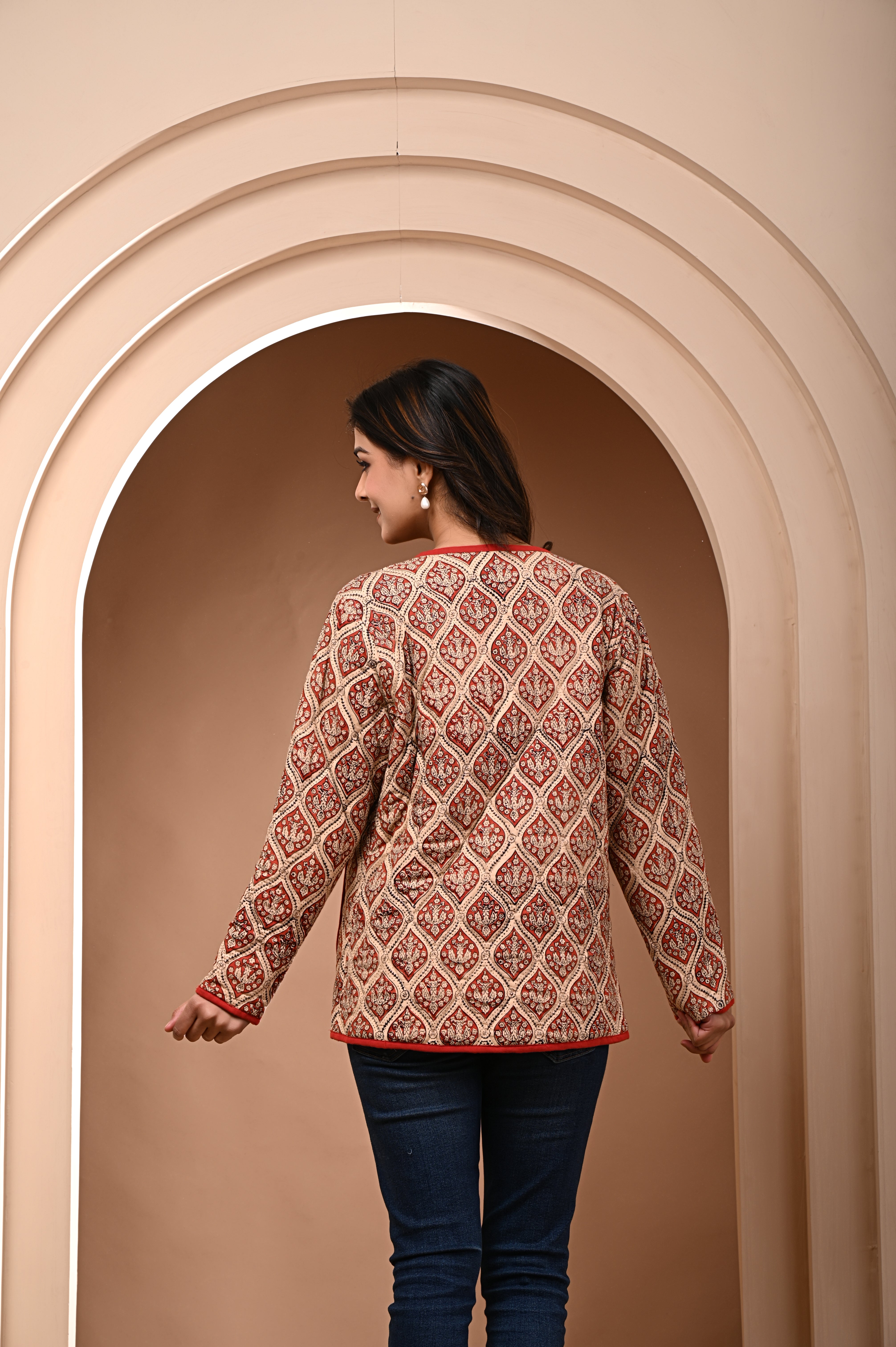 Cotton Quilted Full Sleeves Jacket Red Bagru Floral Print