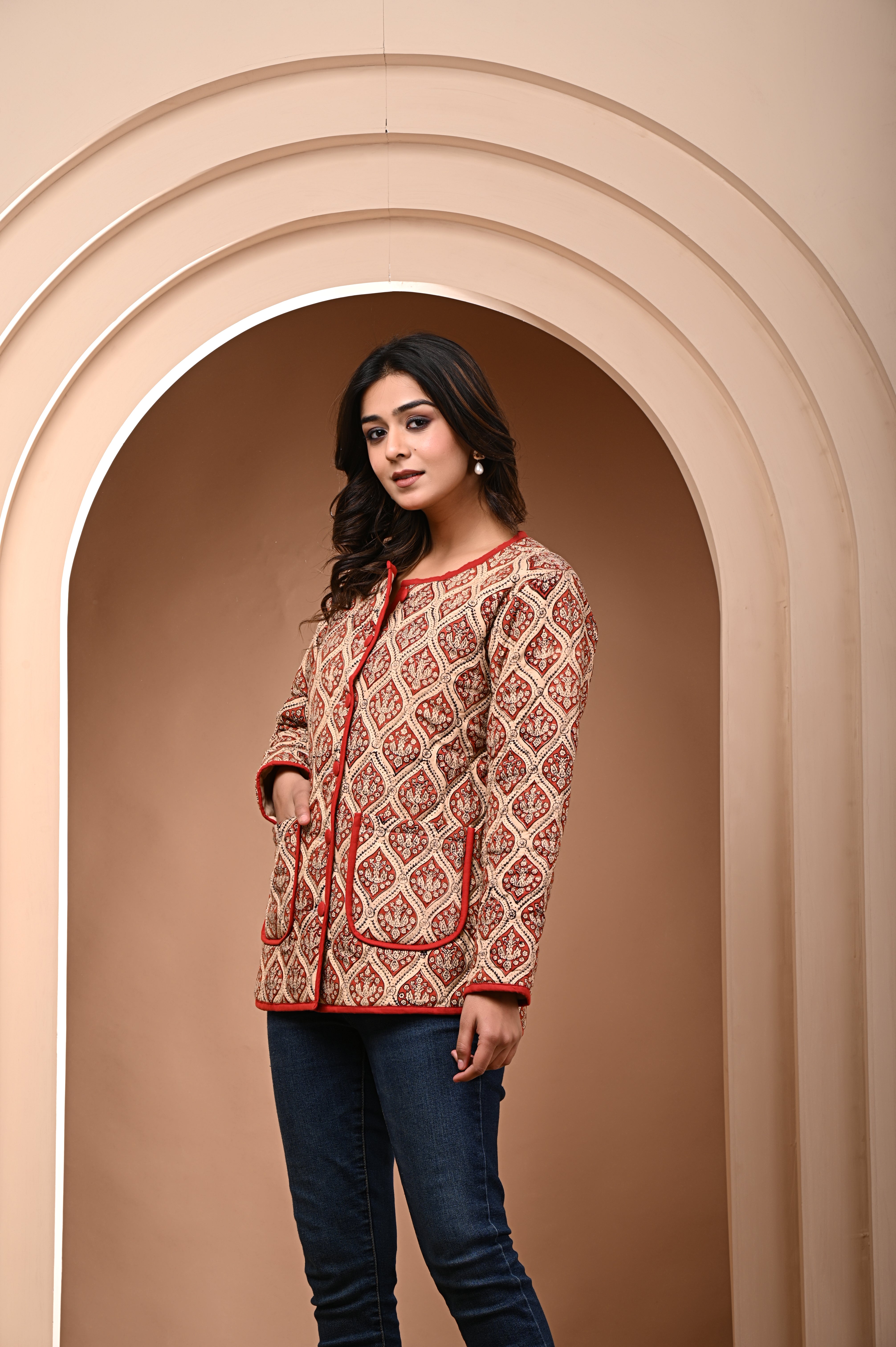 Cotton Quilted Full Sleeves Jacket Red Bagru Floral Print