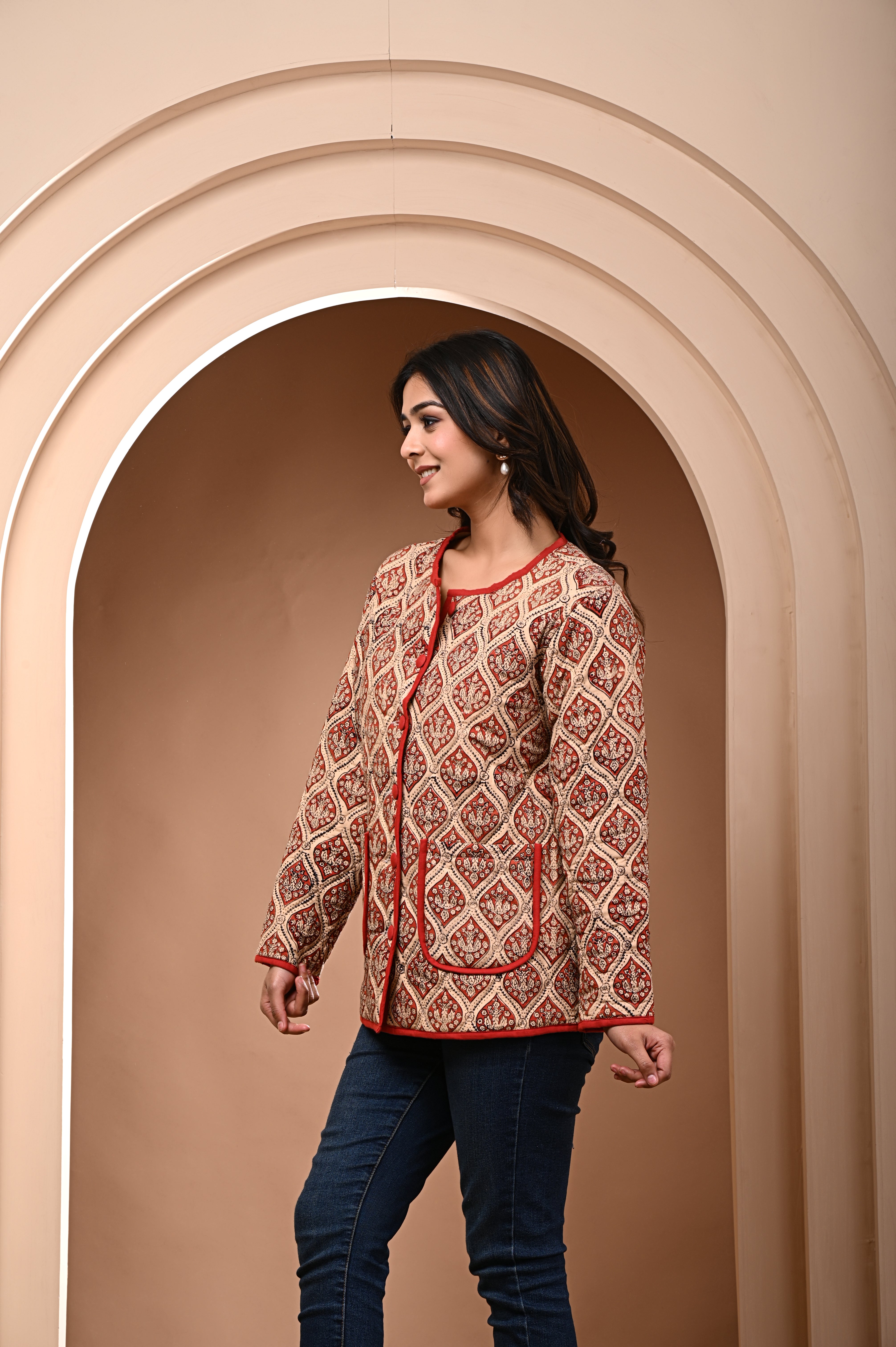 Cotton Quilted Full Sleeves Jacket Red Bagru Floral Print