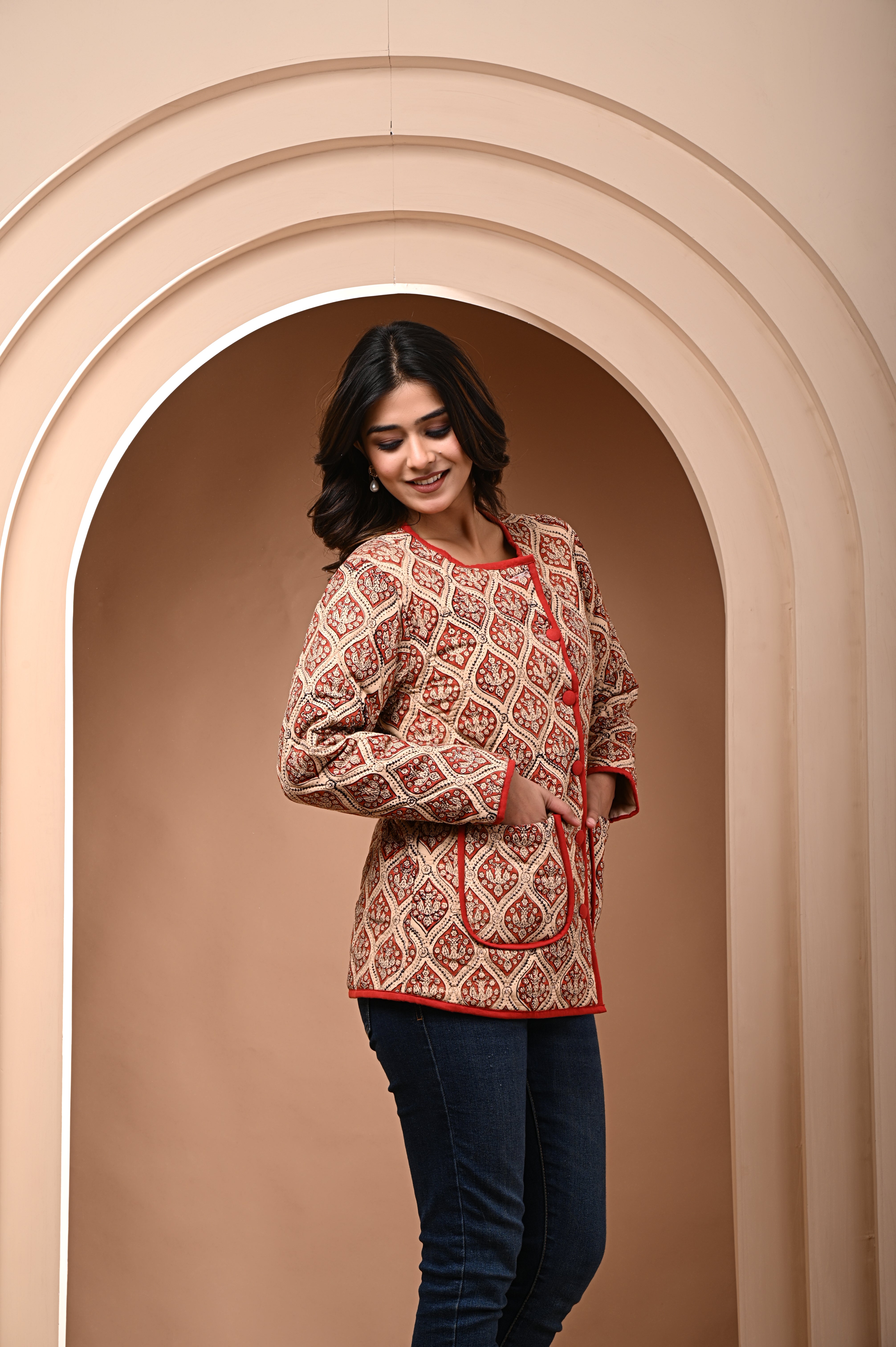 Cotton Quilted Full Sleeves Jacket Red Bagru Floral Print