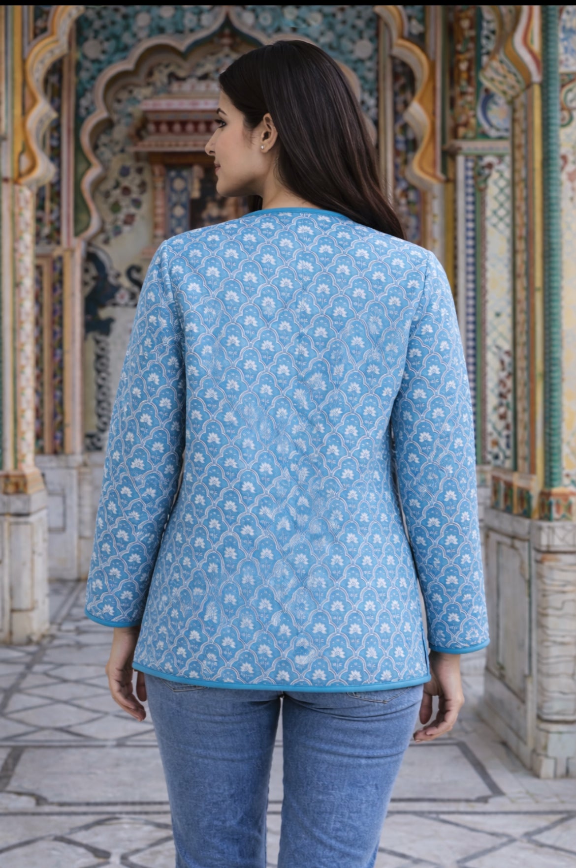 Cotton Women's Fullsleeves Jacket Light Blue-White Floral