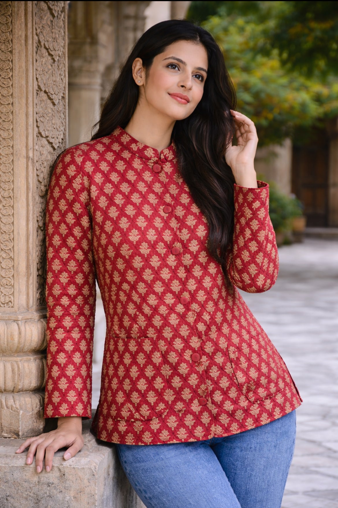 Cotton Women's Fullsleeves Jacket Red-Brown Floral print