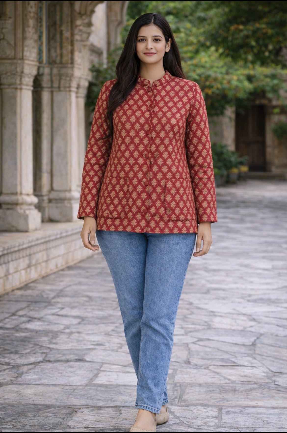 Cotton Women's Fullsleeves Jacket Red-Brown Floral print