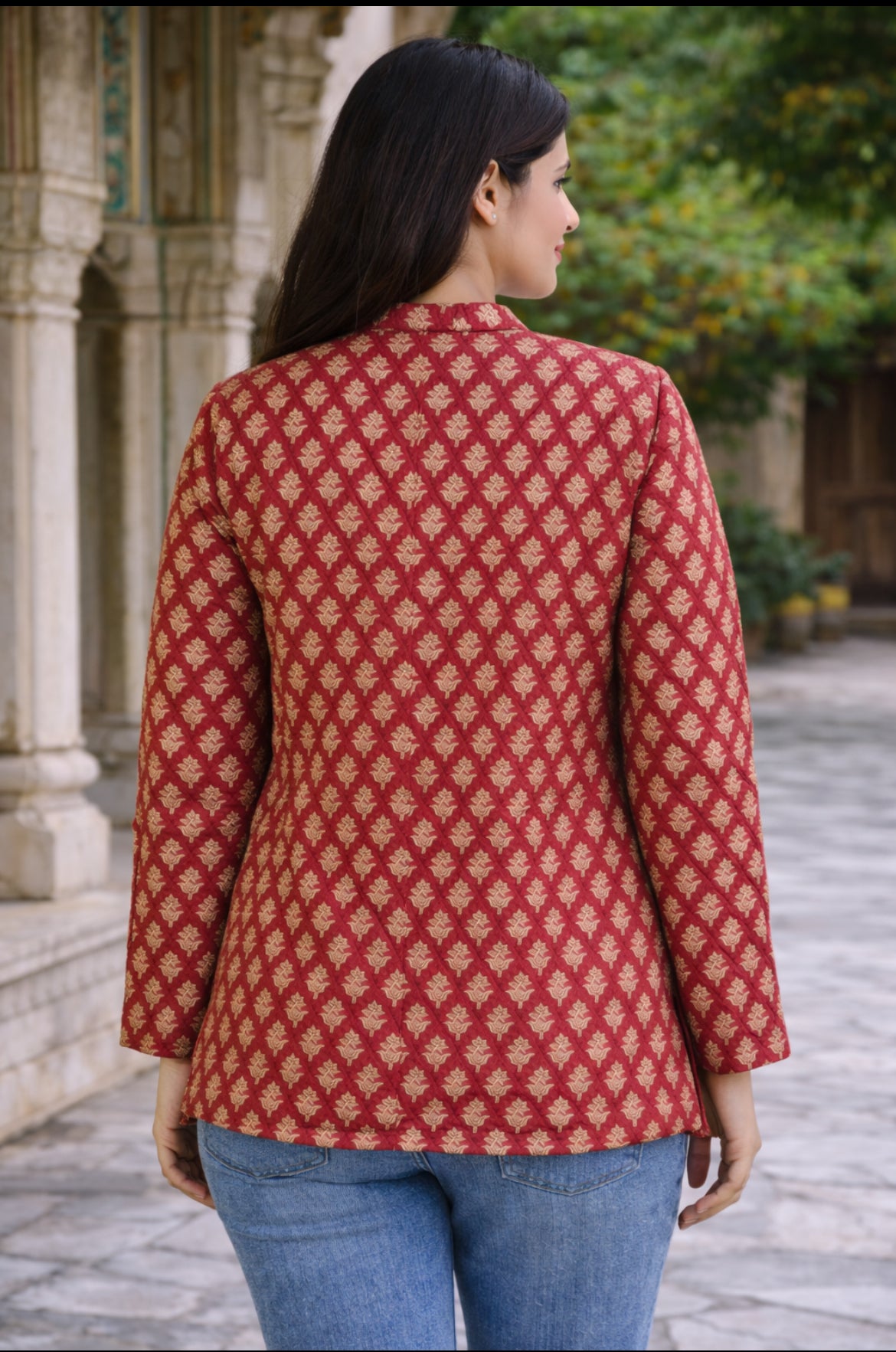 Cotton Women's Fullsleeves Jacket Red-Brown Floral print