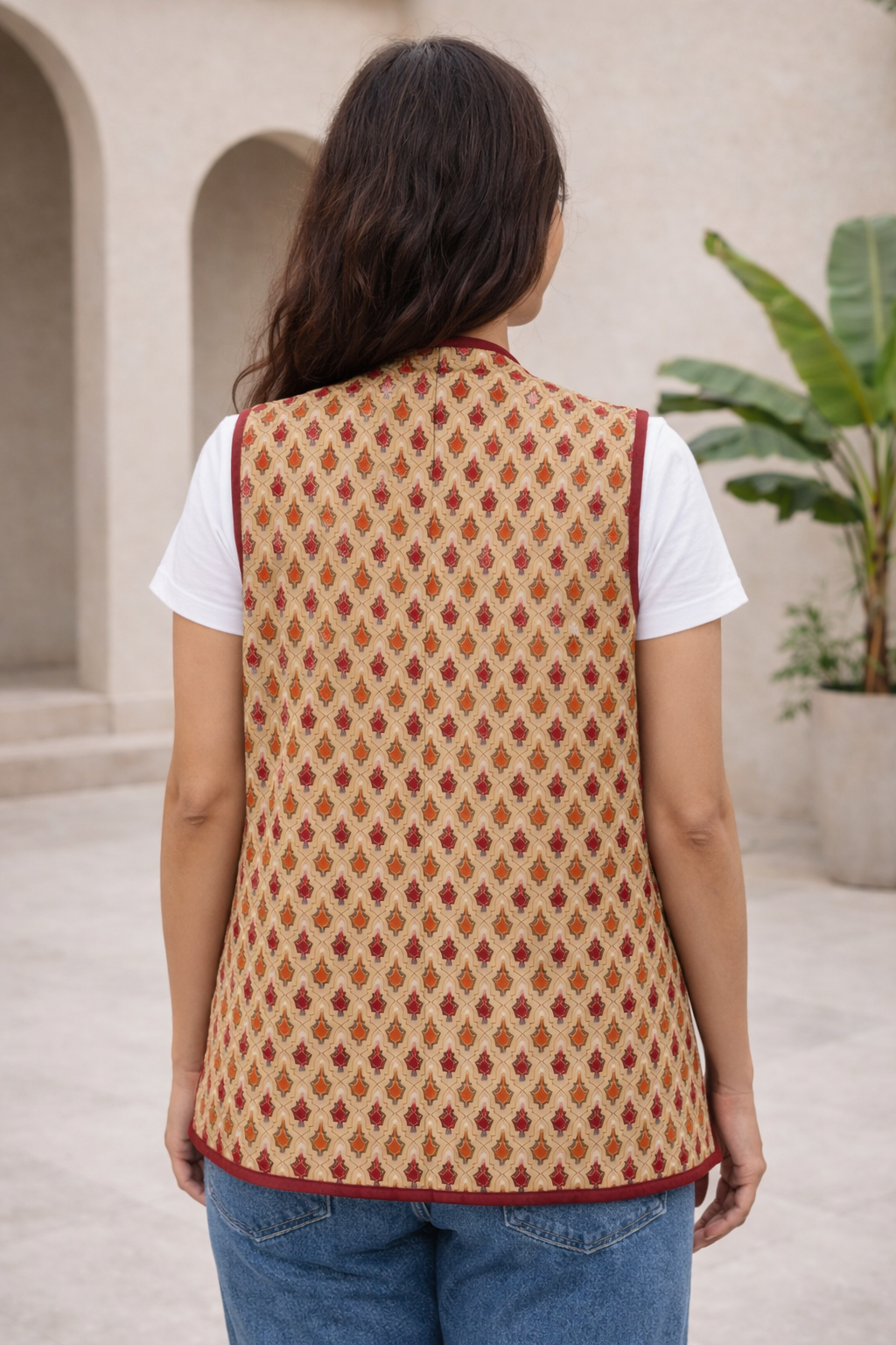 Cotton Women's Quilted Red-Brown Booti Block Print Sleevless Jacket