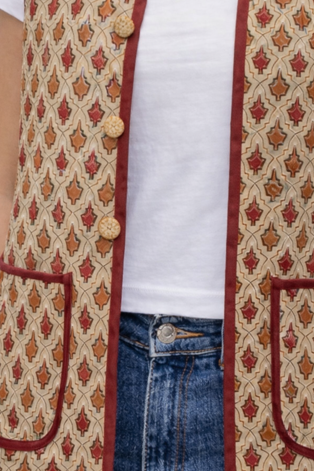 Cotton Women's Quilted Red-Brown Booti Block Print Sleevless Jacket