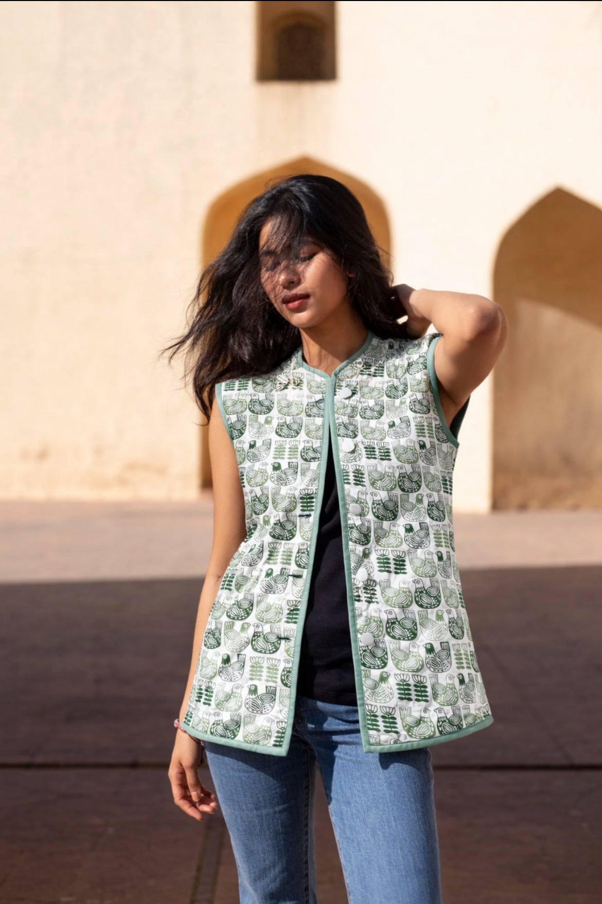 Cotton Women's Quilted Green Pigeons Sleevless Jacket