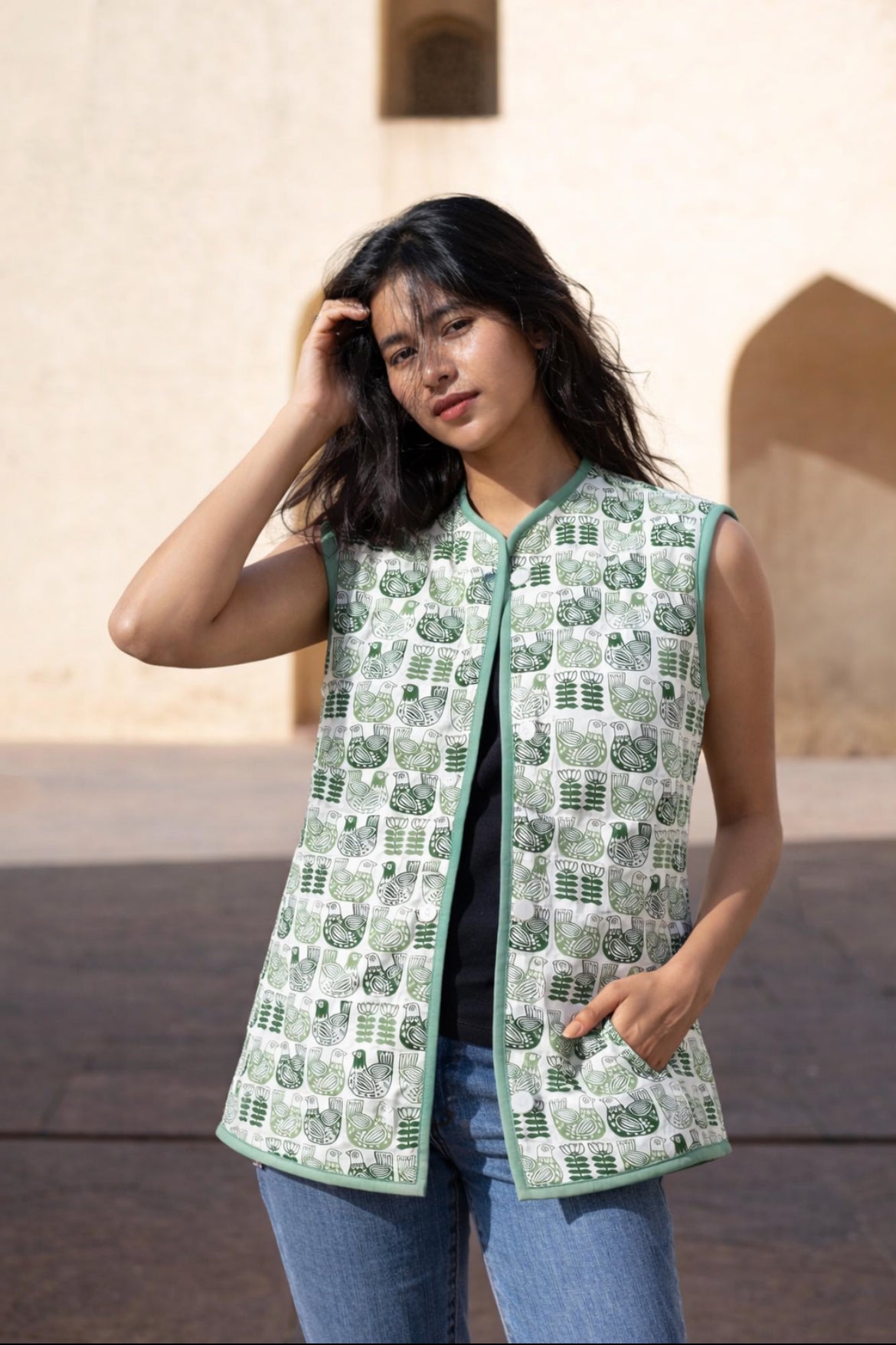 Cotton Women's Quilted Green Pigeons Sleevless Jacket