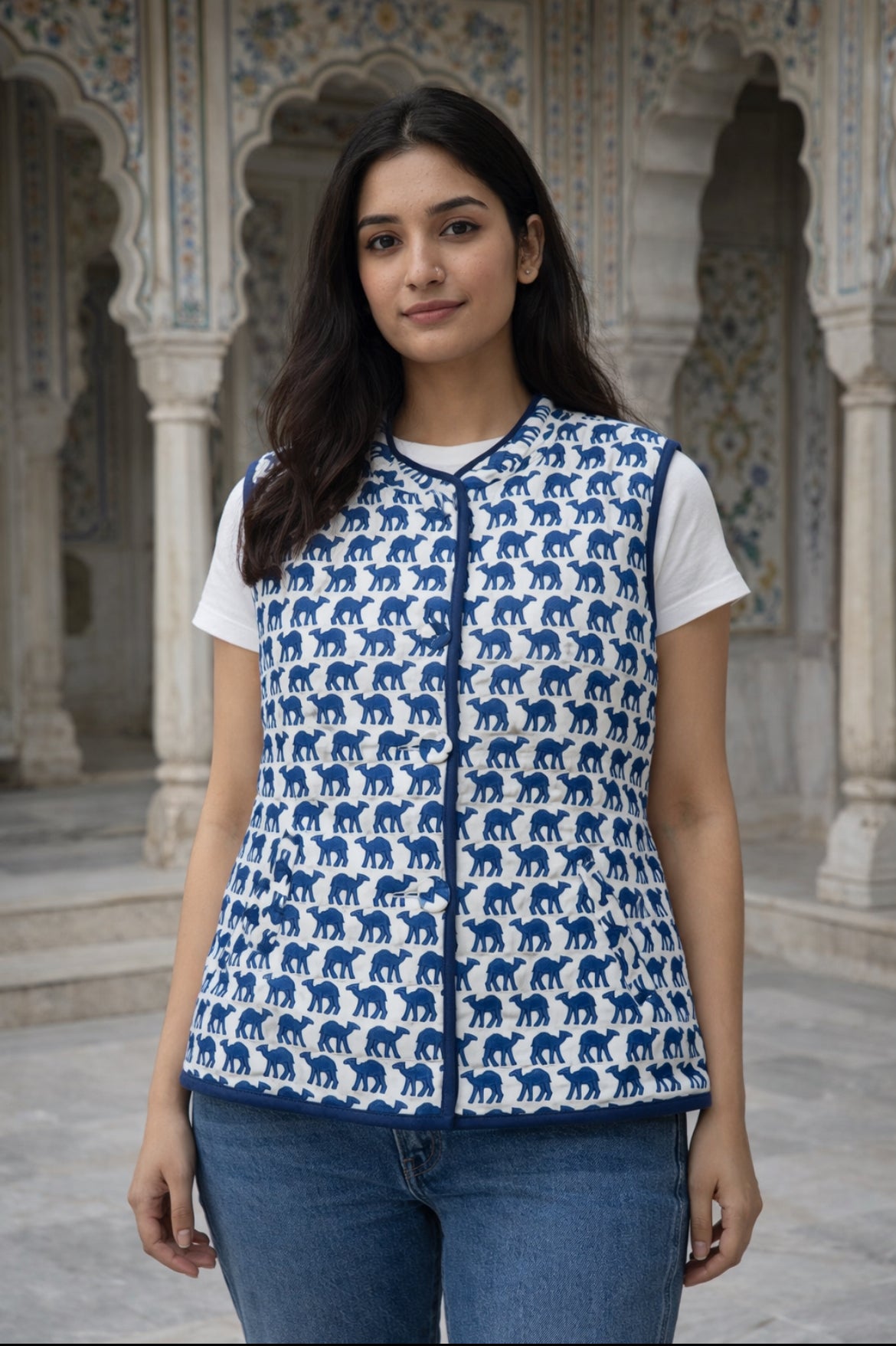 Cotton Women's Quilted Blue Camel Sleevless Jacket