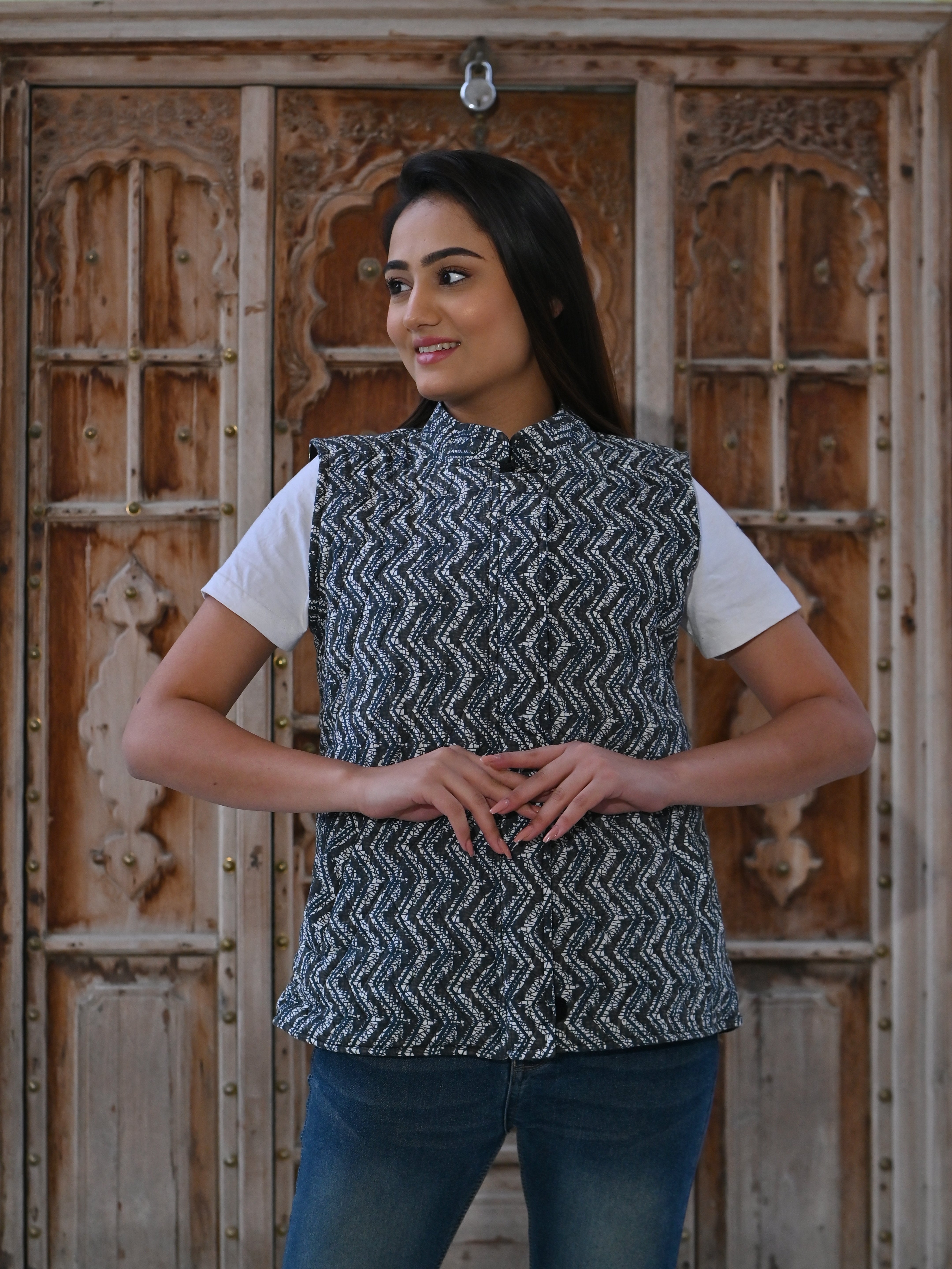 Black & White Cotton Quilted Sleeveless Jacket