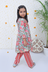 Green Pink Floral Jaal Cotton Girl's Suit