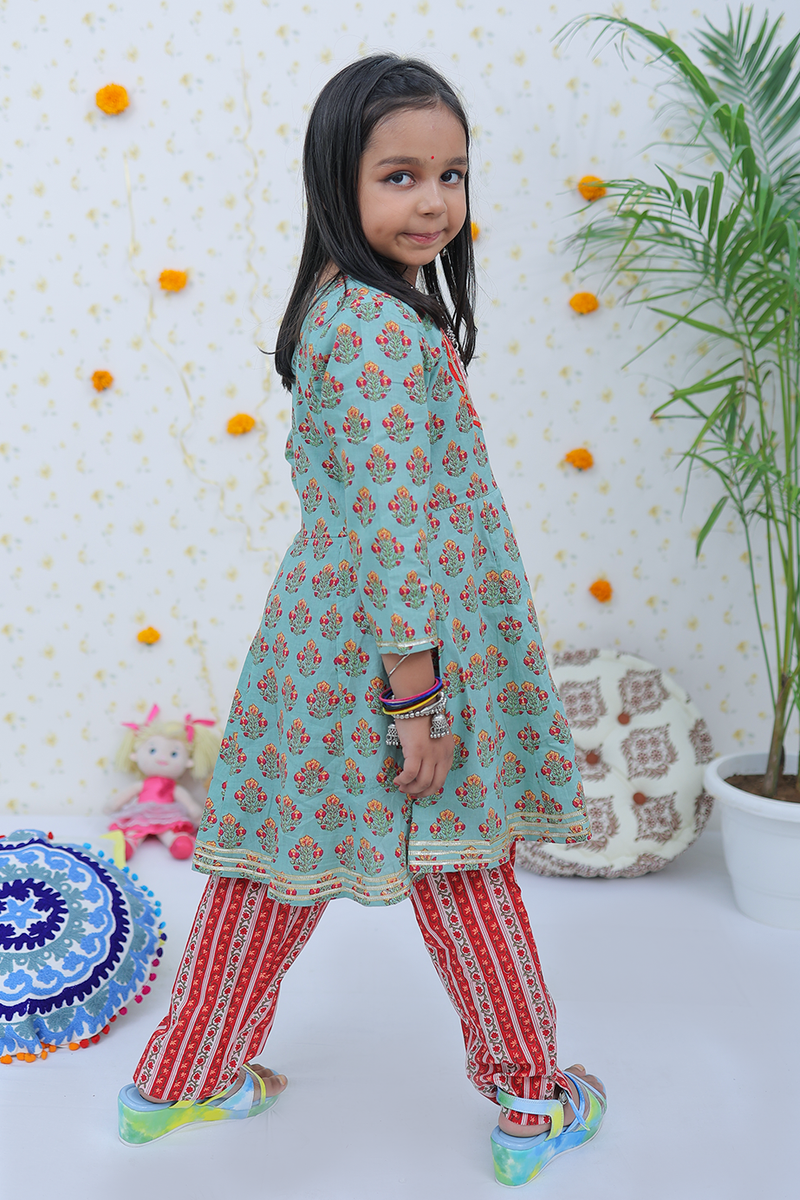 Sea Green Floral Booti Cotton Girl's Suit