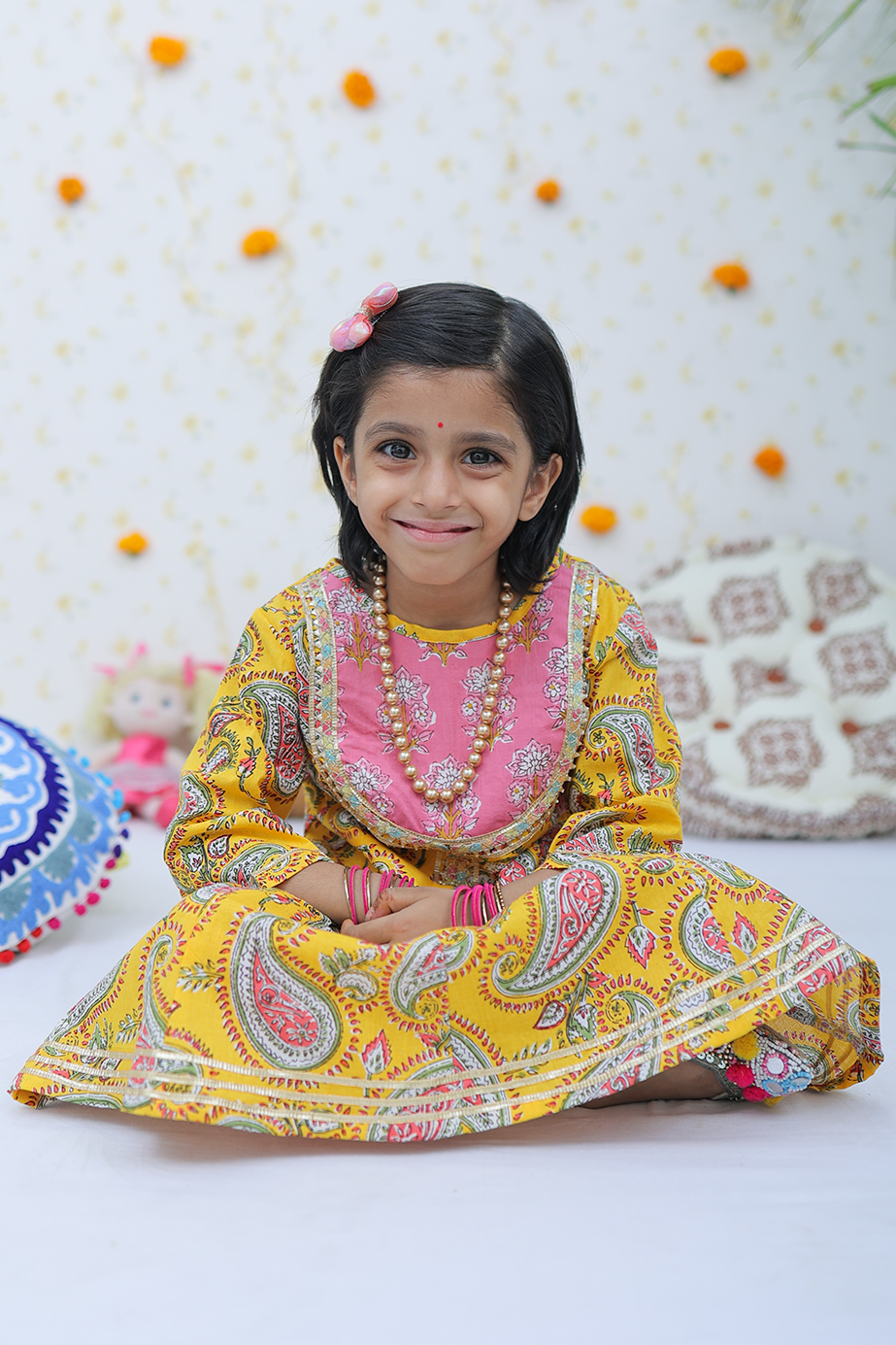 Cotton Mustard Floral Print Girl's Suit