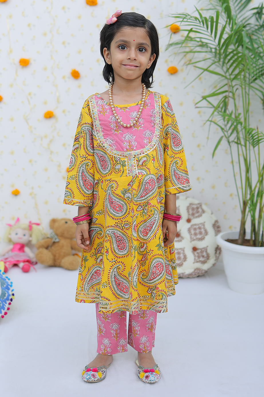 Cotton Mustard Floral Print Girl's Suit
