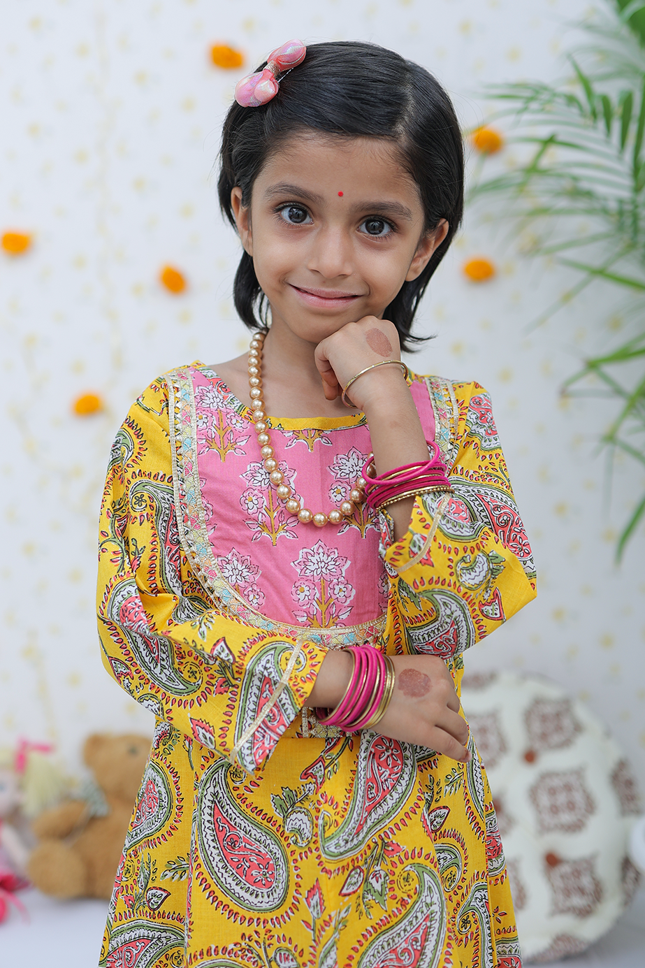 Cotton Mustard Floral Print Girl's Suit