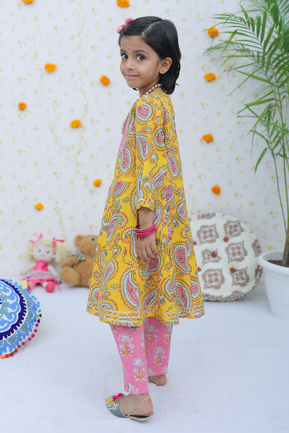 Cotton Mustard Floral Print Girl's Suit