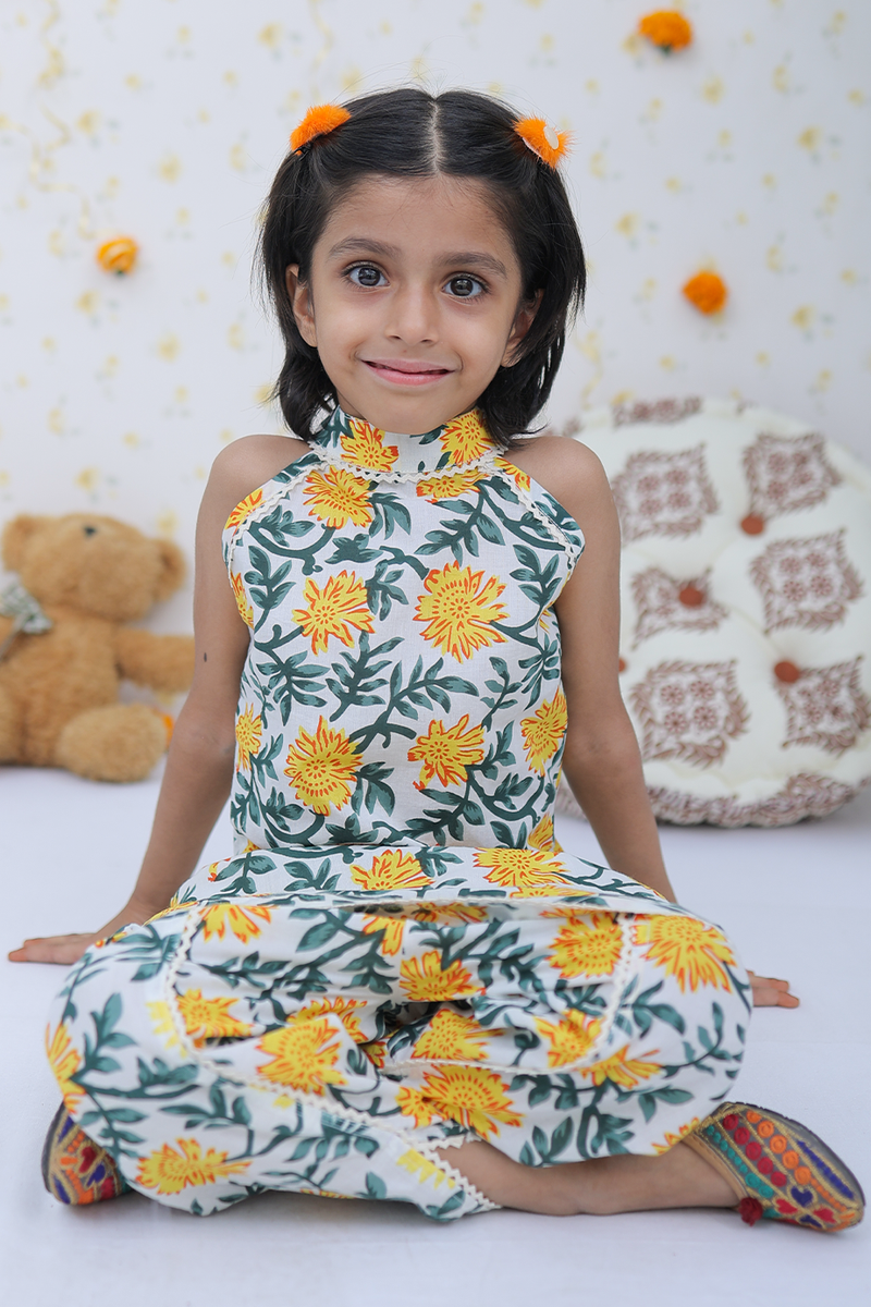 Cotton Yellow Green Floral Girl's Kurta Tulip Salwar Set