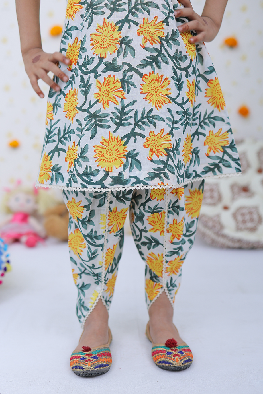 Cotton Yellow Green Floral Girl's Kurta Tulip Salwar Set