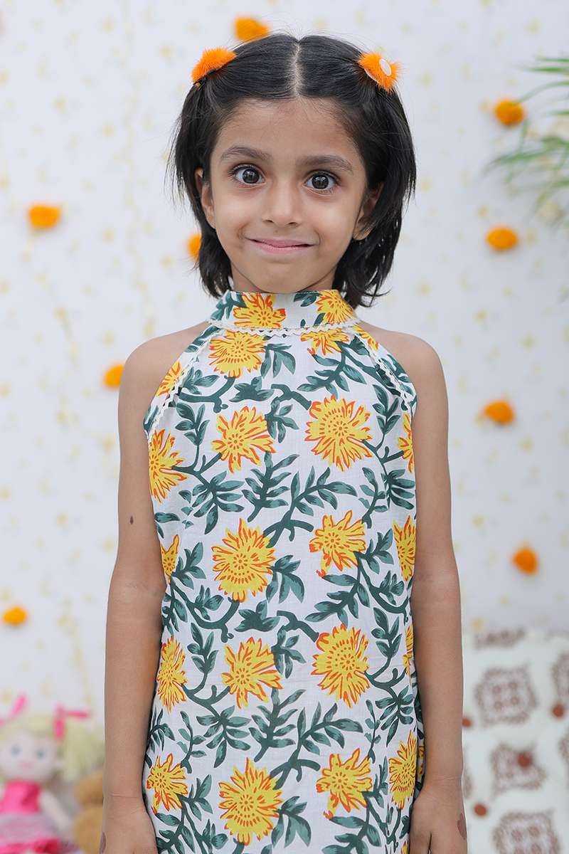 Cotton Yellow Green Floral Girl's Kurta Tulip Salwar Set