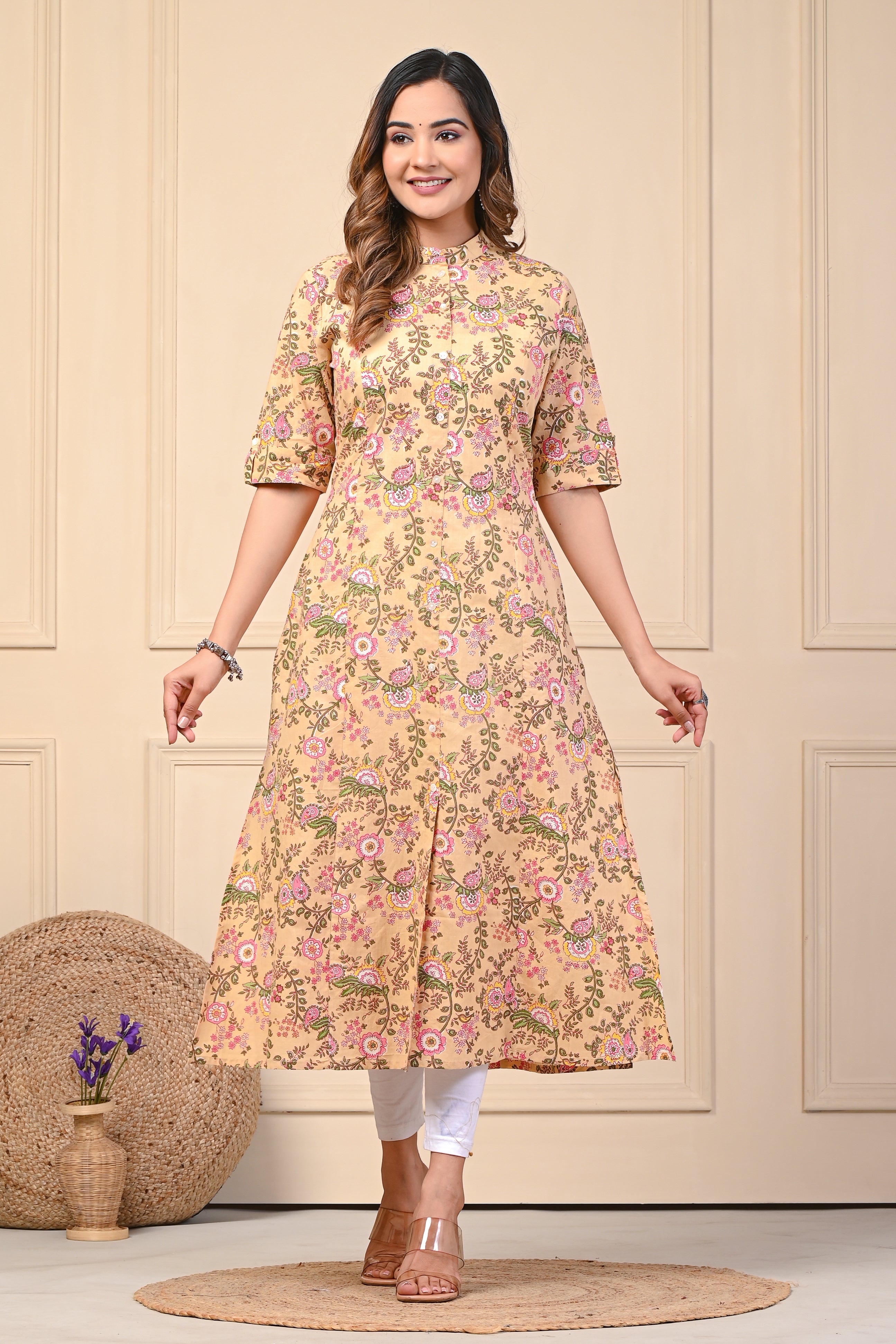 Cotton Yellow Bouquet Floral Straight Kurti