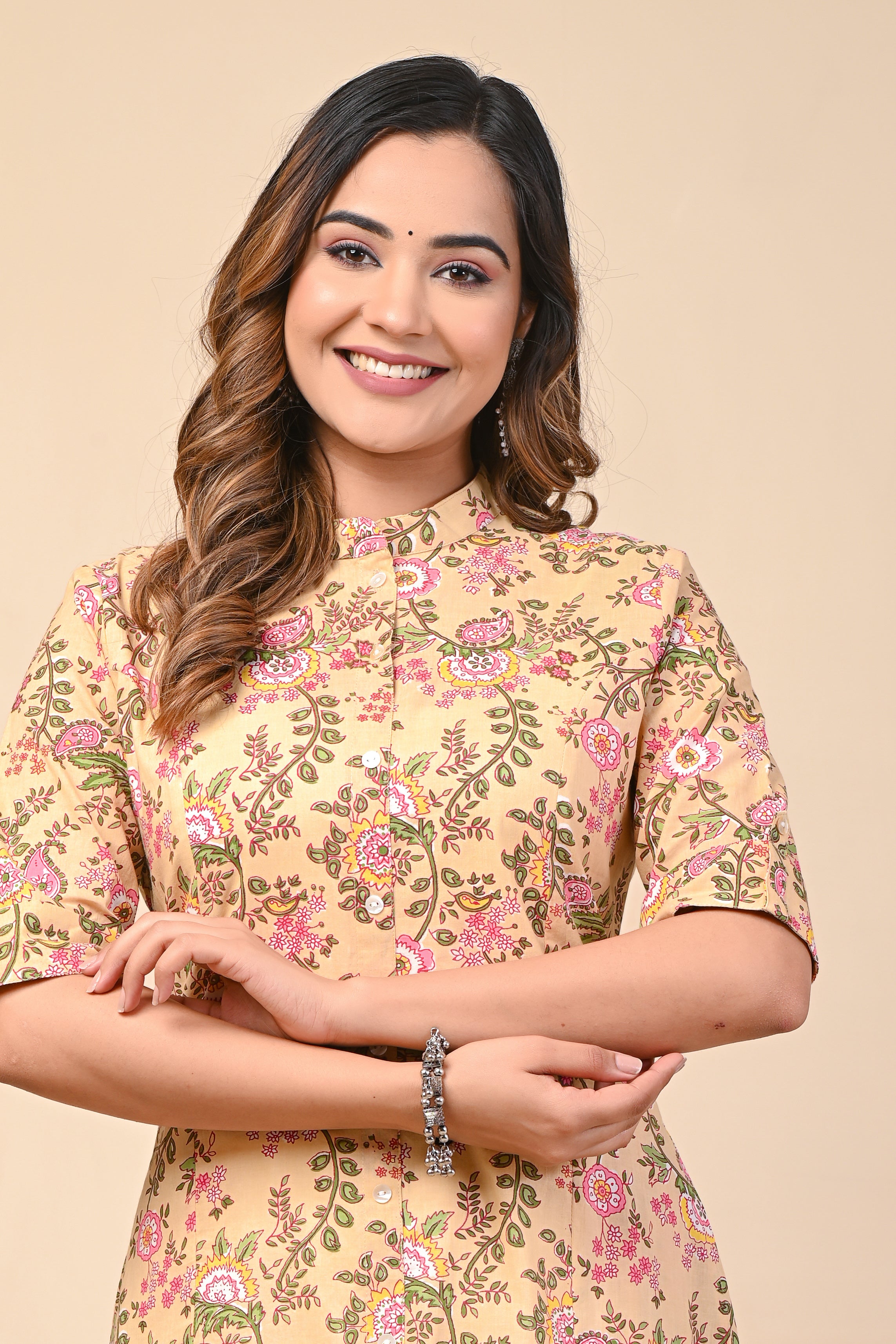 Cotton Yellow Bouquet Floral Straight Kurti