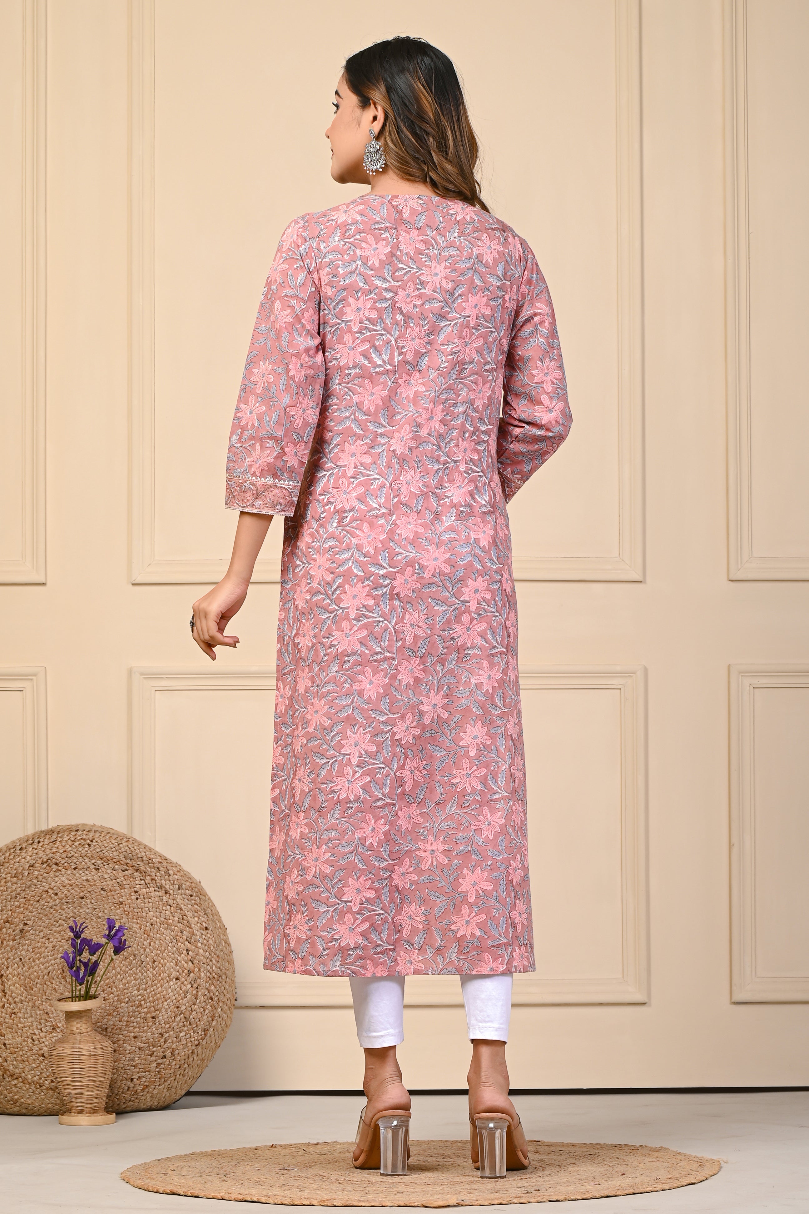 Cotton Ray Umber Floral Block Print Straight Kurti