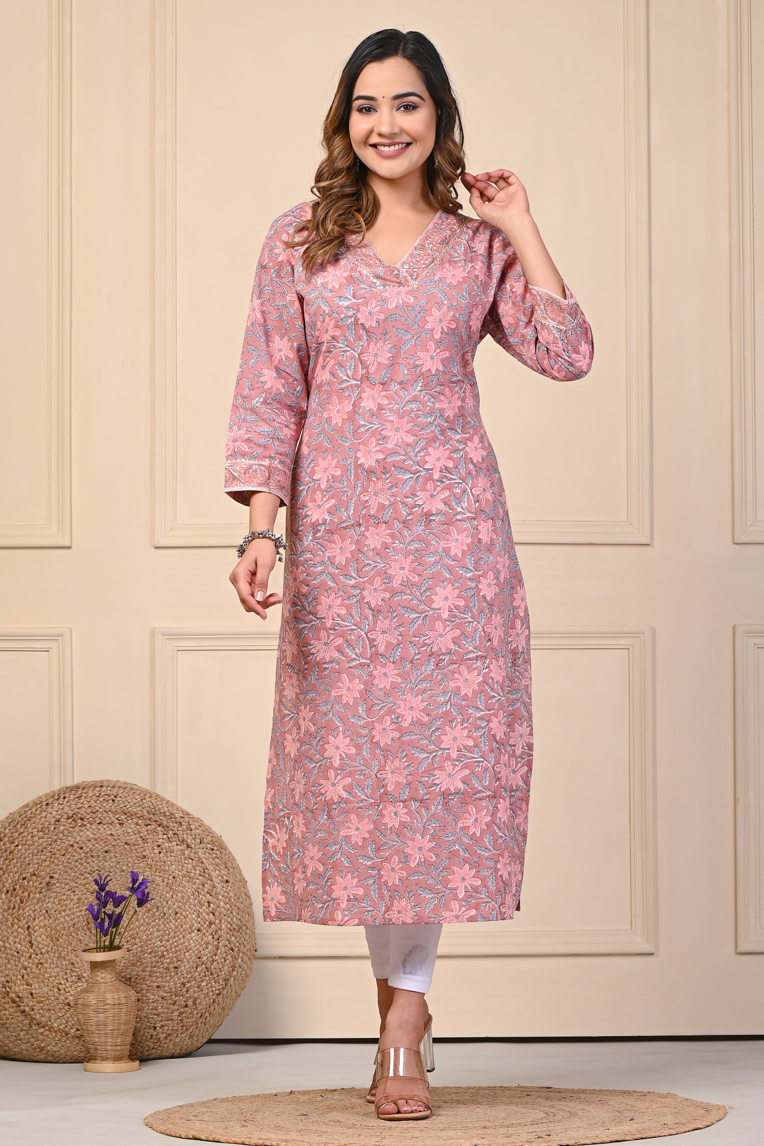 Cotton Ray Umber Floral Block Print Straight Kurti