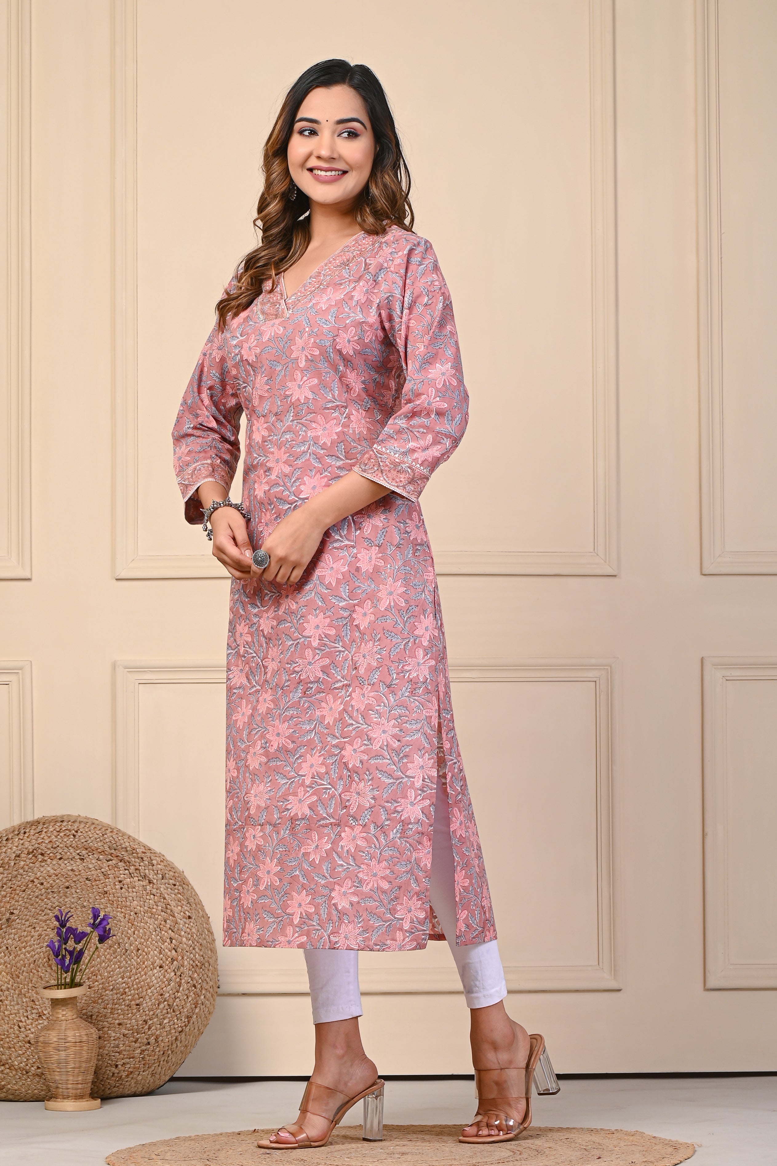 Cotton Ray Umber Floral Block Print Straight Kurti