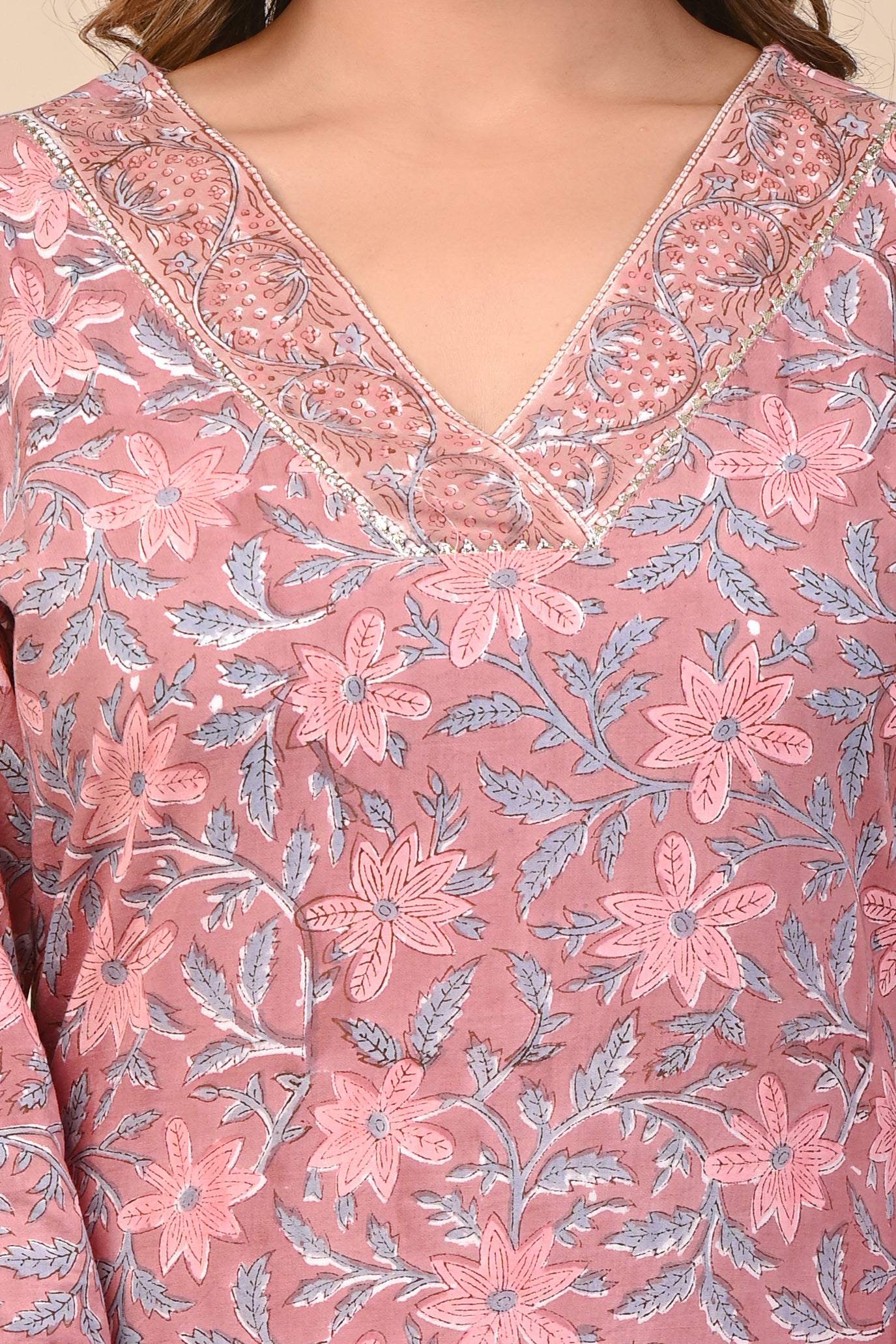 Cotton Ray Umber Floral Block Print Straight Kurti