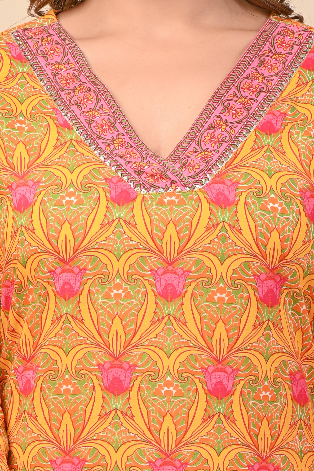Cotton Pink Green Floral Straight Kurti