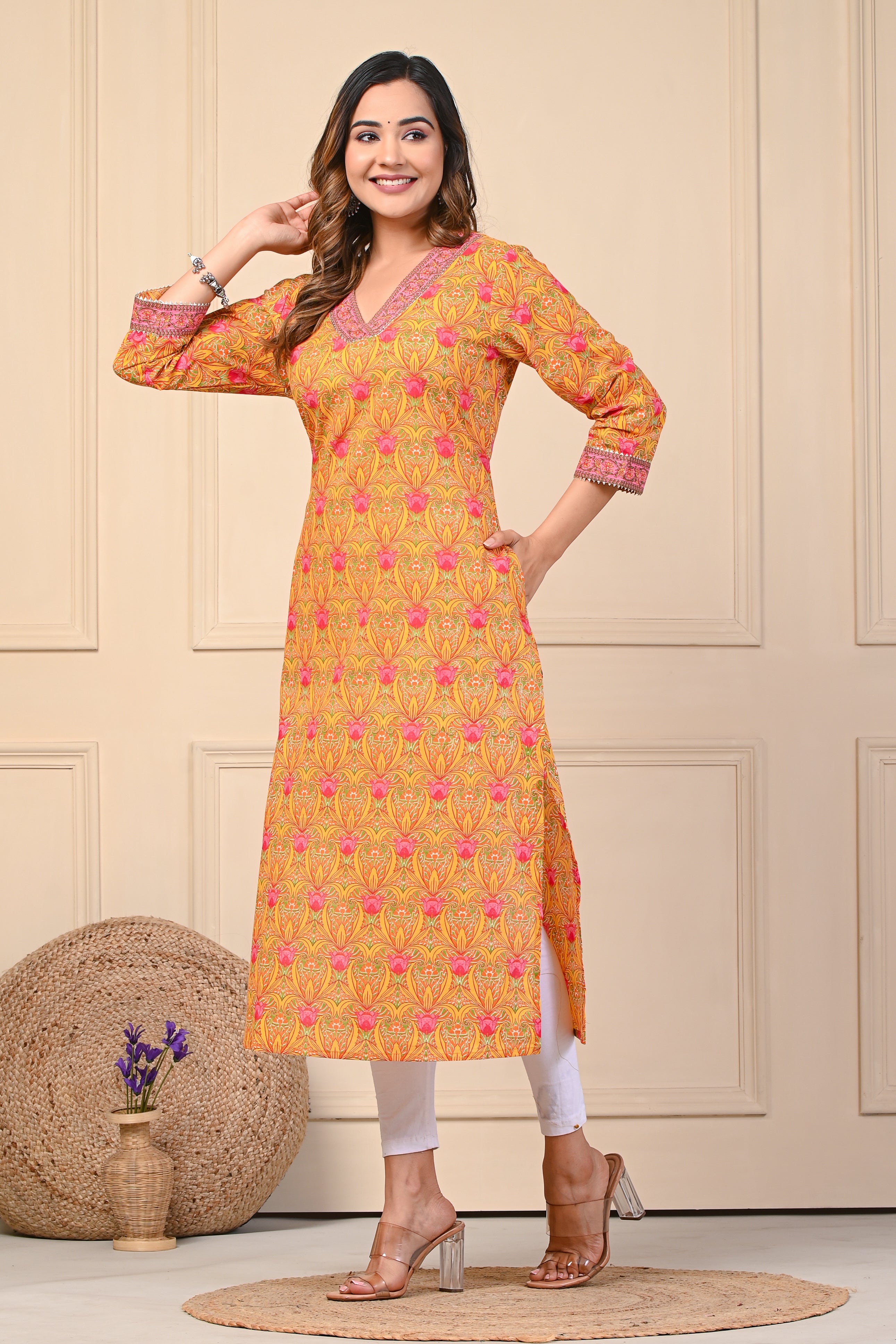 Cotton Pink Green Floral Straight Kurti