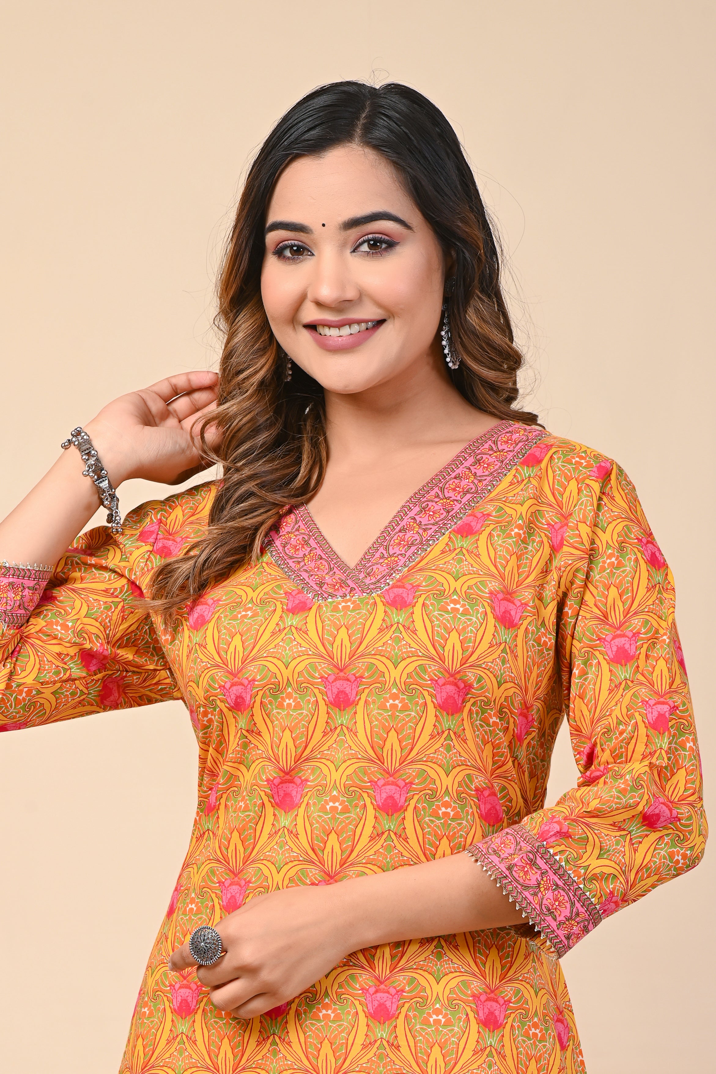 Cotton Pink Green Floral Straight Kurti