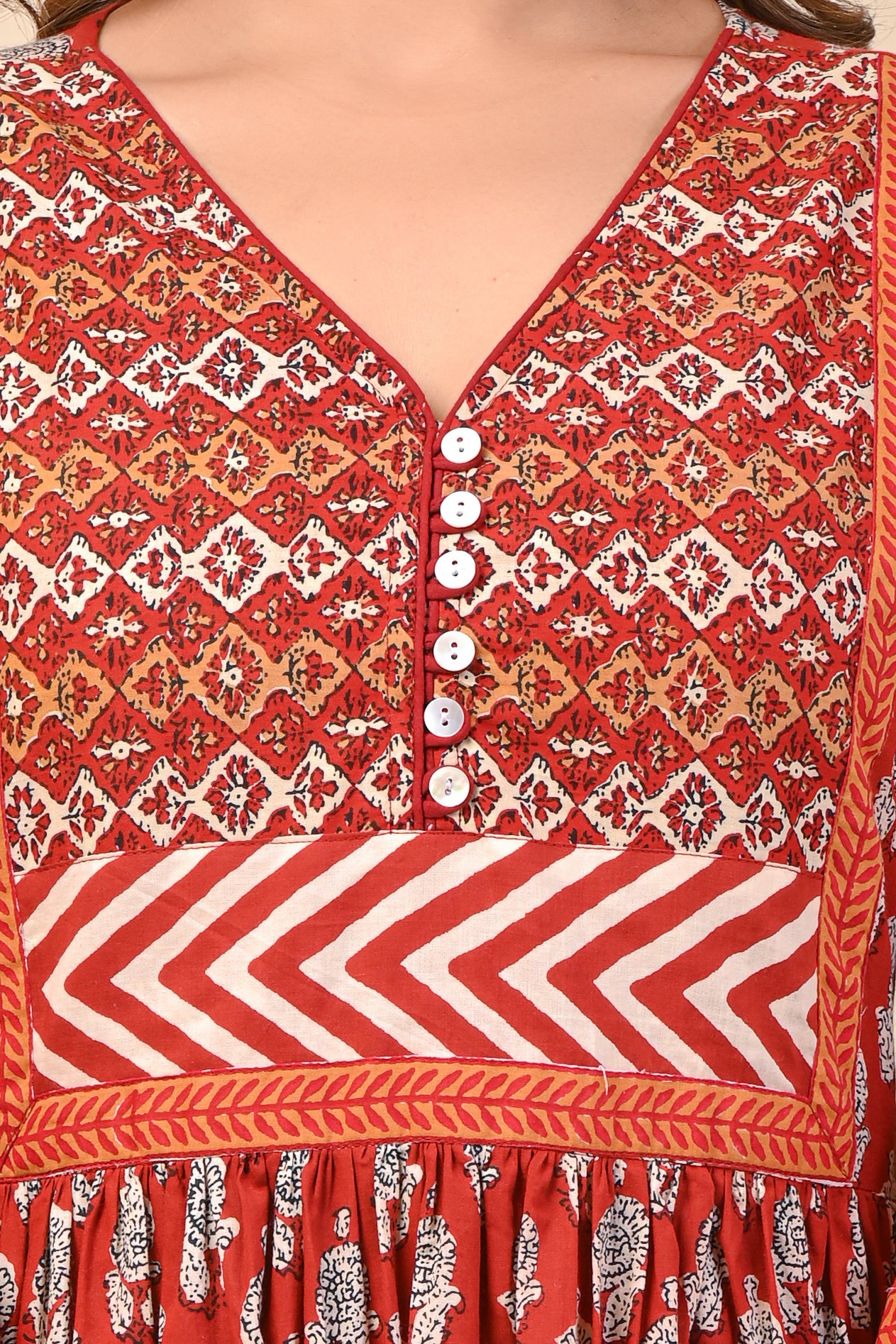 Cotton Red Motif Anarkali Floral Kurti