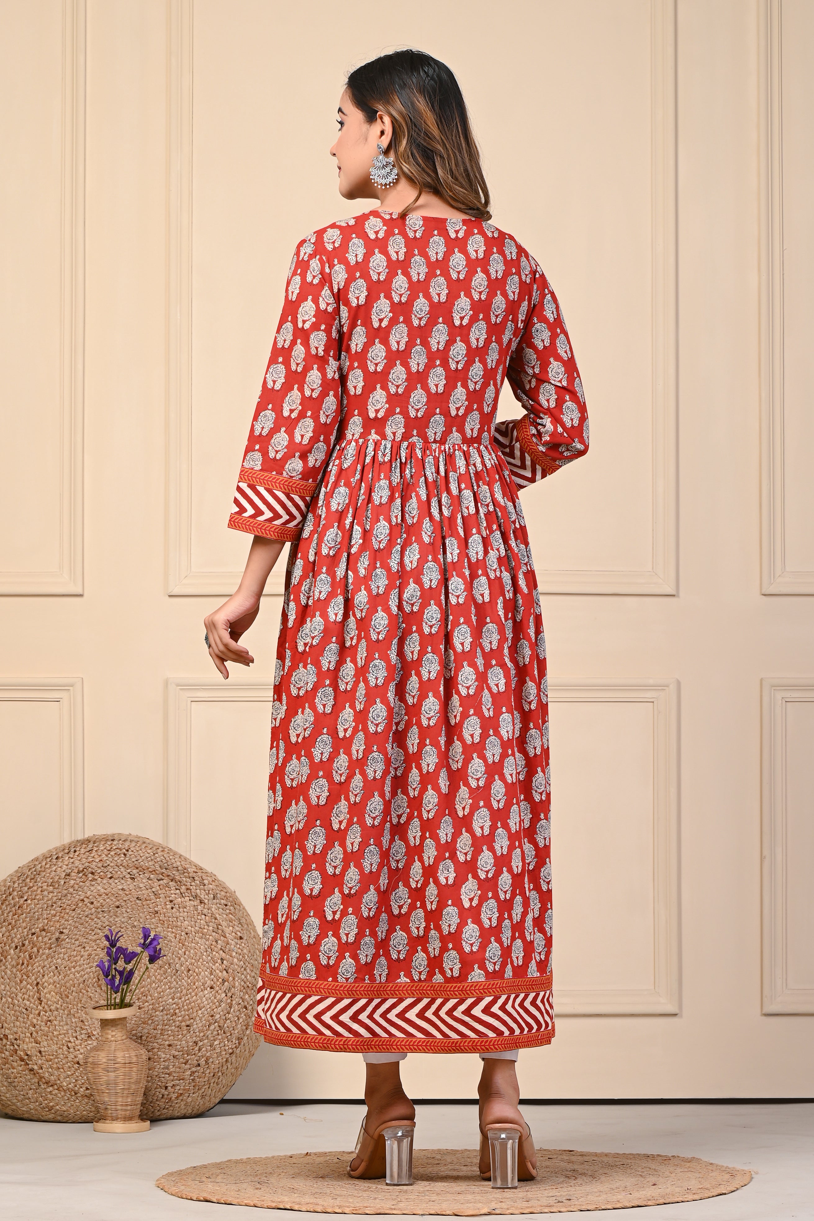 Cotton Red Motif Anarkali Floral Kurti