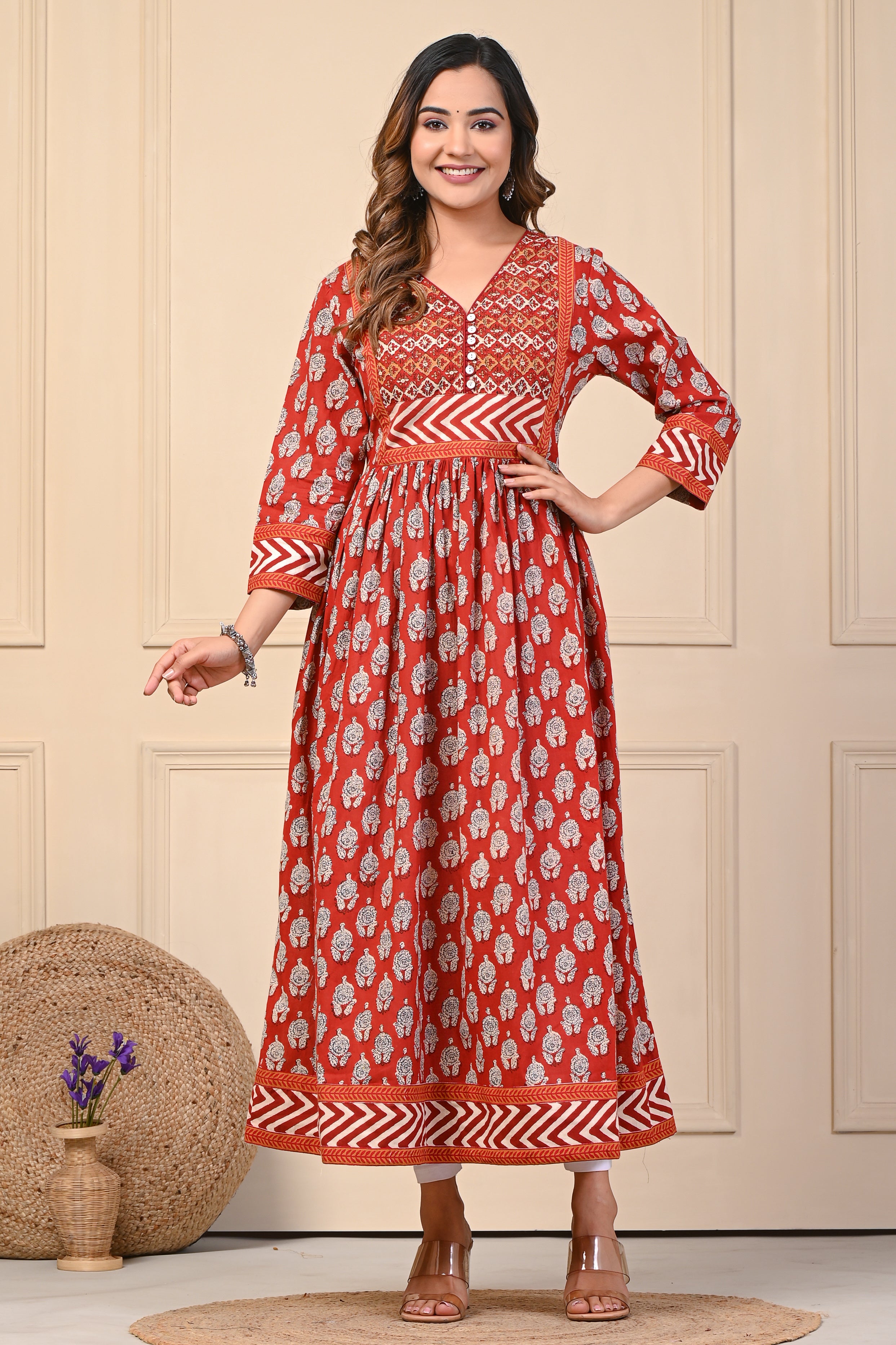 Cotton Red Motif Anarkali Floral Kurti