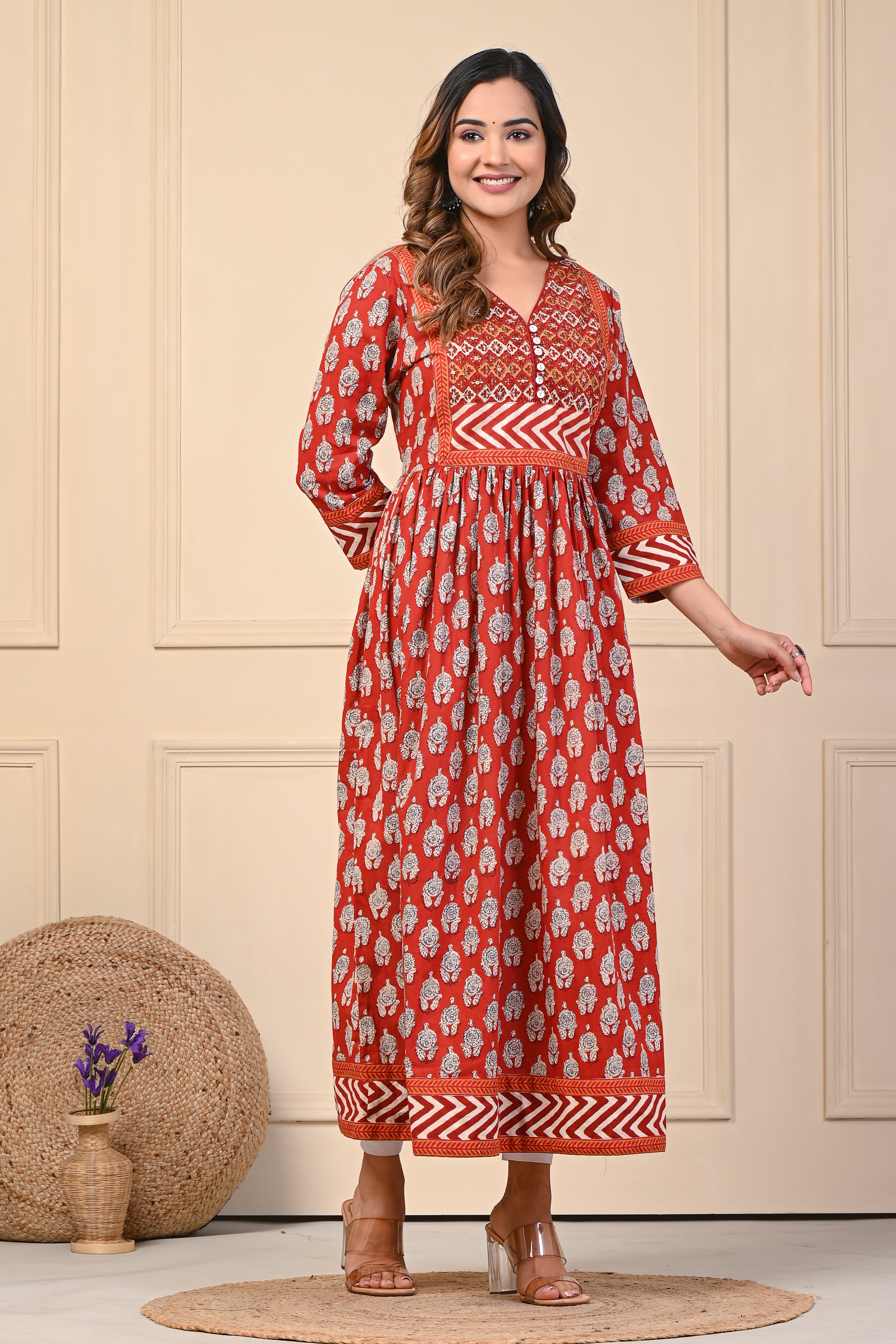 Cotton Red Motif Anarkali Floral Kurti