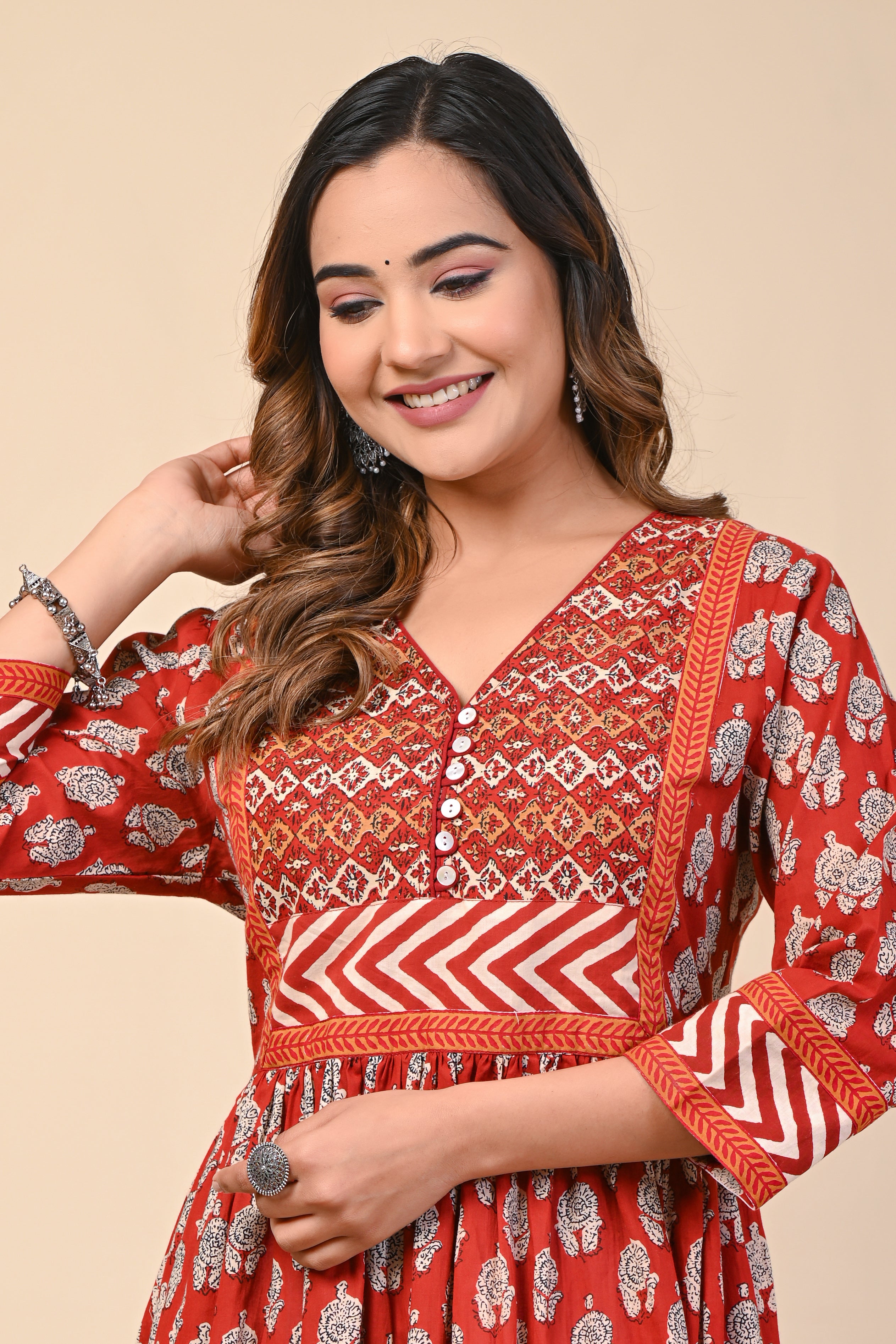 Cotton Red Motif Anarkali Floral Kurti