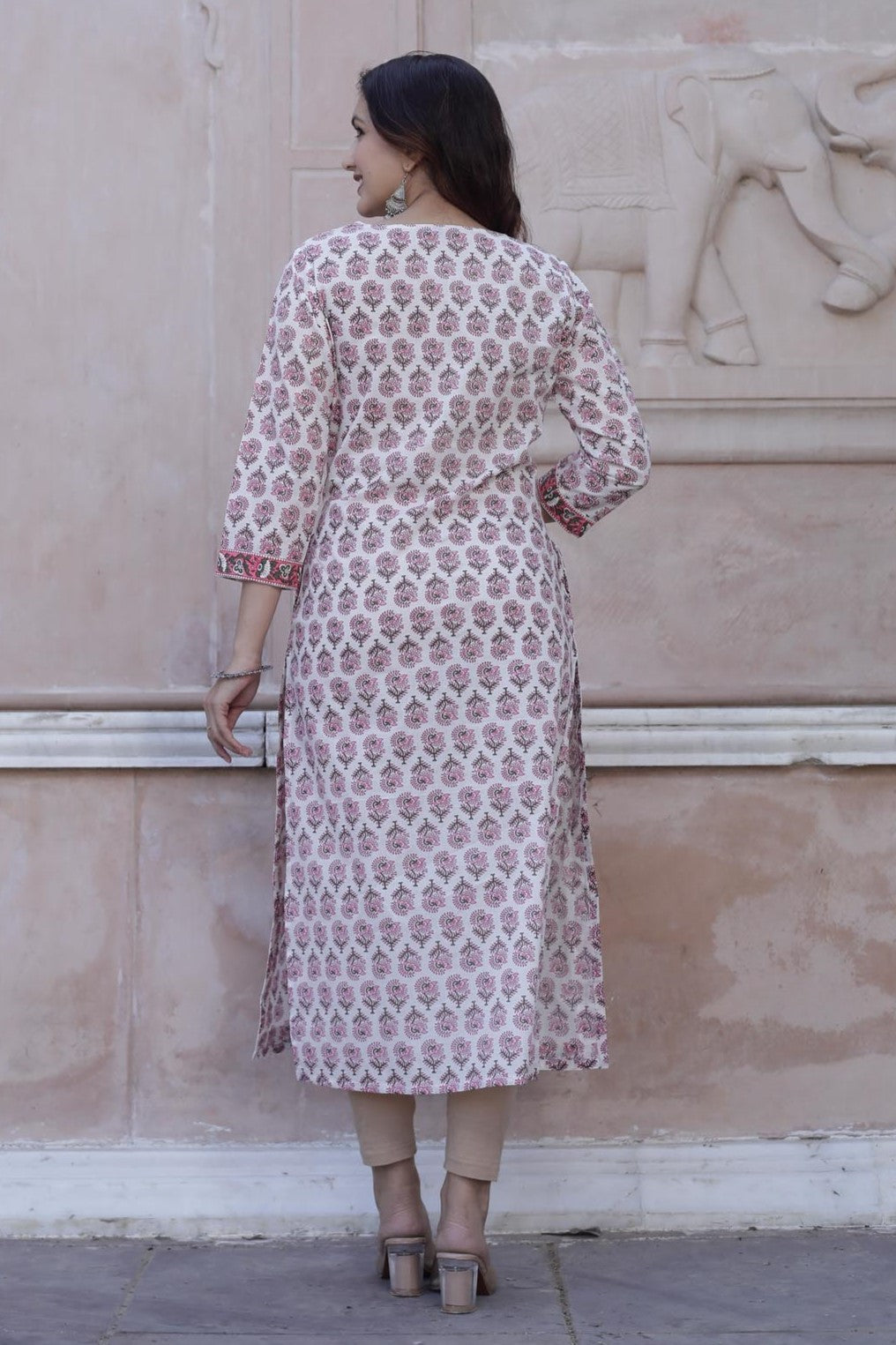 Cotton Straight Kurti - Strawberry Pink Floral Motif 2