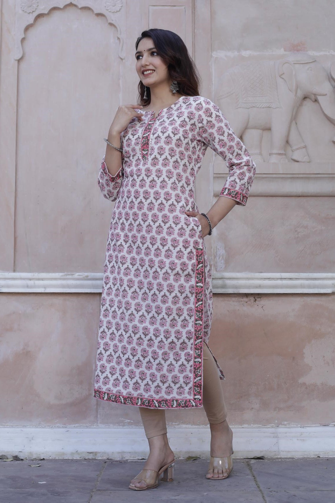 Cotton Straight Kurti - Strawberry Pink Floral Motif 3