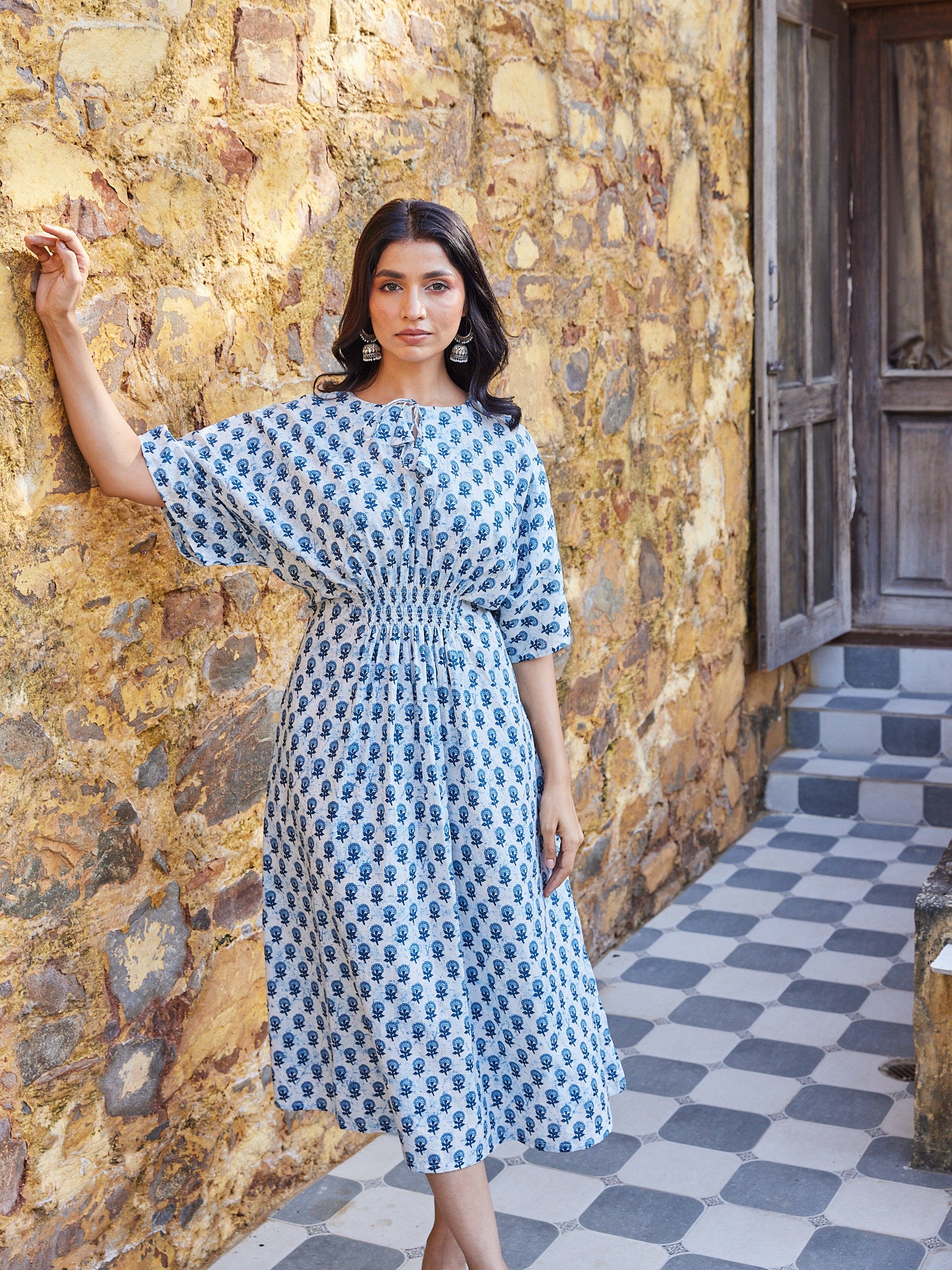 Cotton White Blue Floral Motif Women's Long Kurti