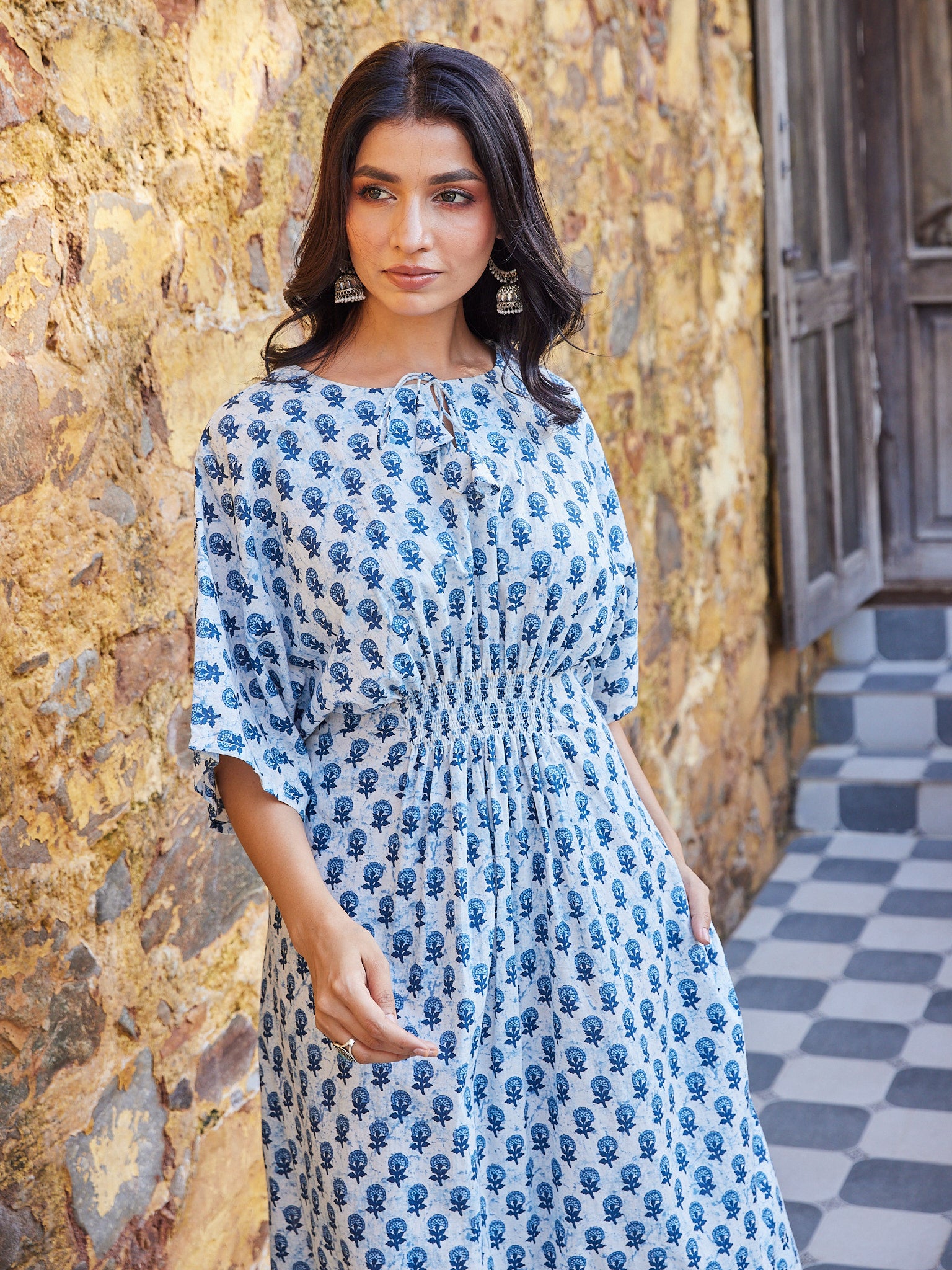 Cotton White Blue Floral Motif Women's Long Kurti