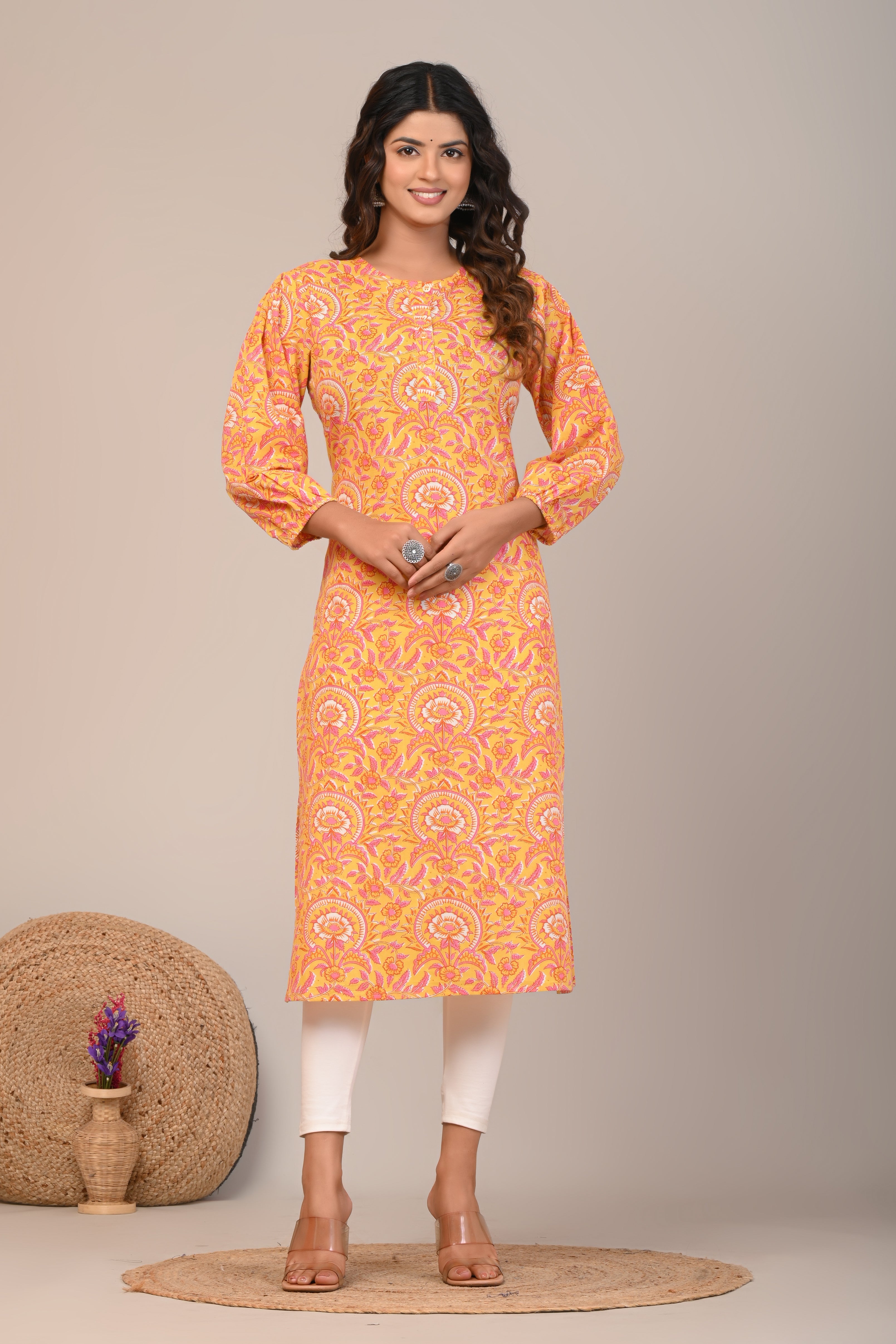 Cotton Yellow Sun Flower Womens Straight Kurti